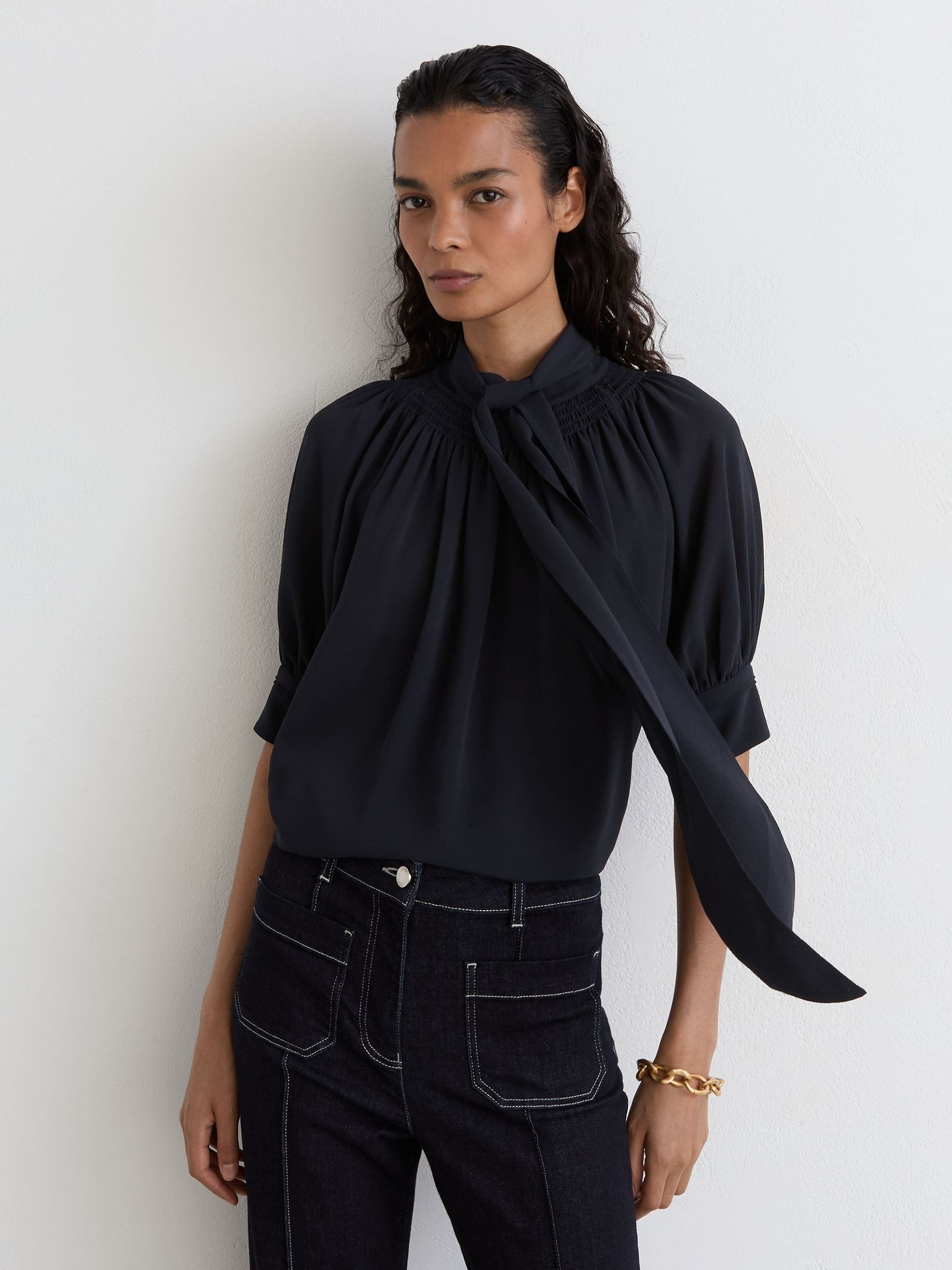 Navy - Tie-neck Short-sleeve Blouse