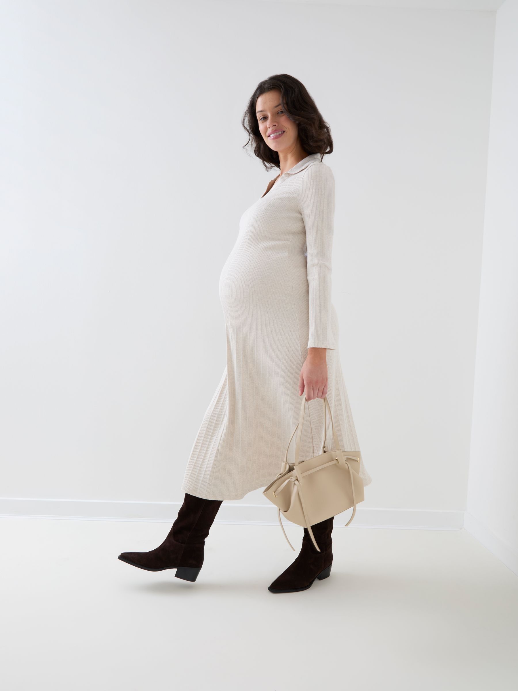 Oat Marl - Long Sleeve Ribbed Maternity Midi Dress