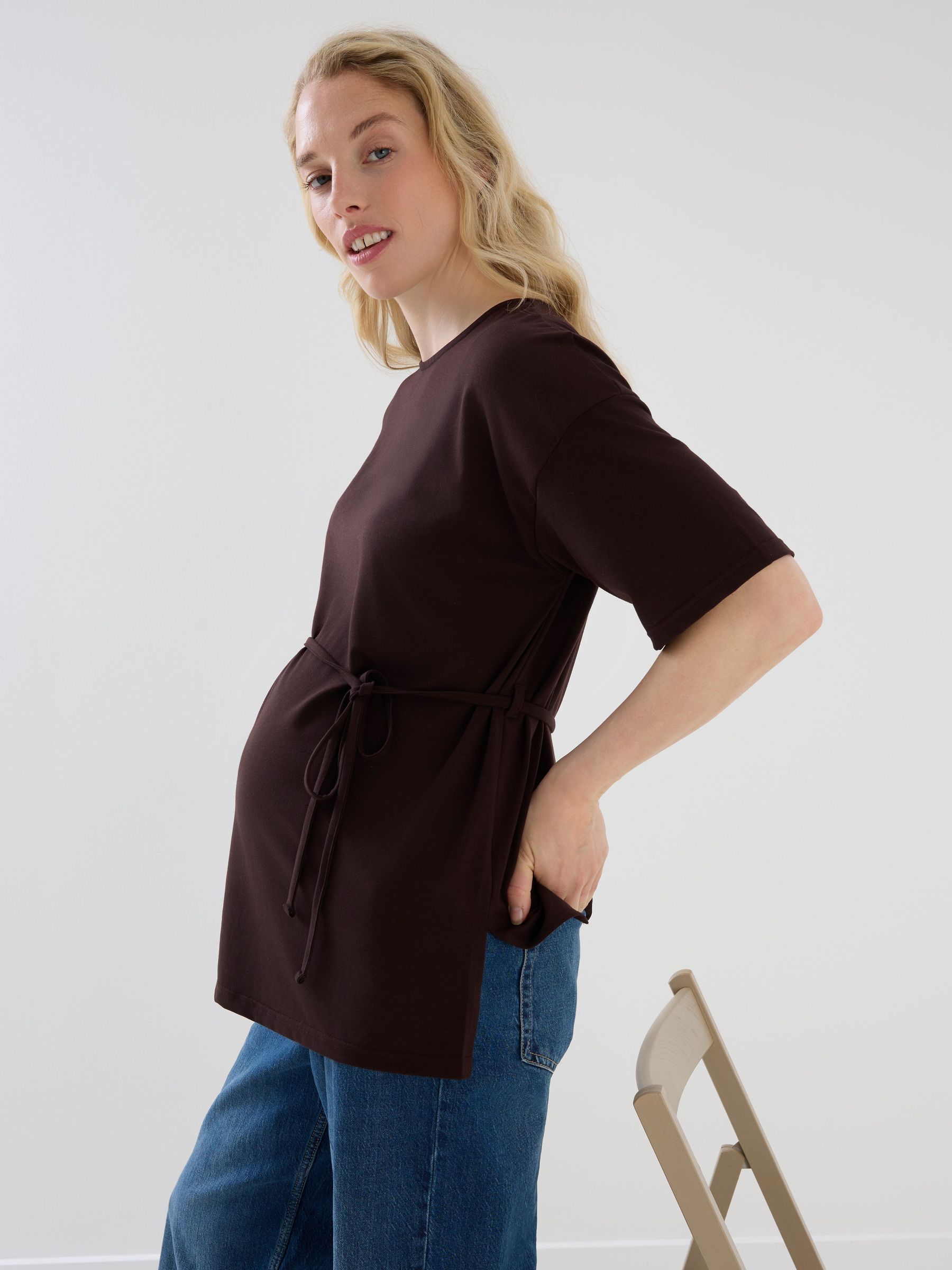 Chocolate Brown - Oversized Tie Boyfriend Maternity Shirt