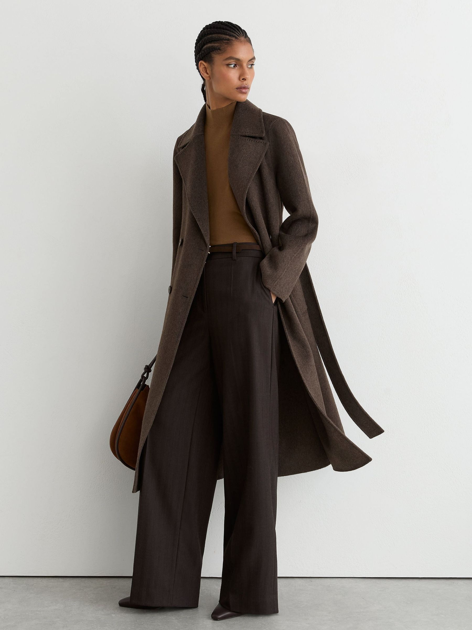 Mocha Brown - Double-breasted Blind-seam Coat Wool-blend With Cashmere
