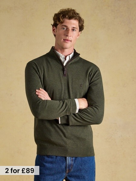 Khaki Green - Regular Quarter Zip Knitted Jumper