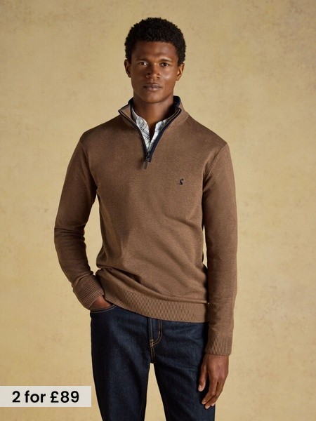 Brown - Regular Quarter Zip Knitted Jumper