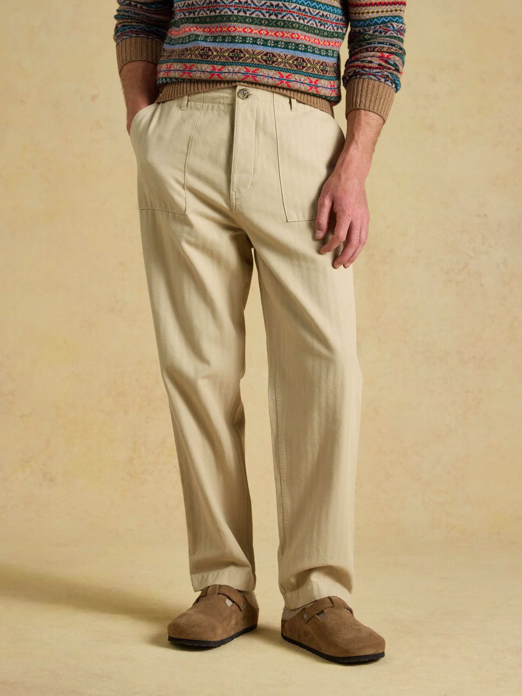 Stone - Regular Cotton Herringbone Utility Trousers