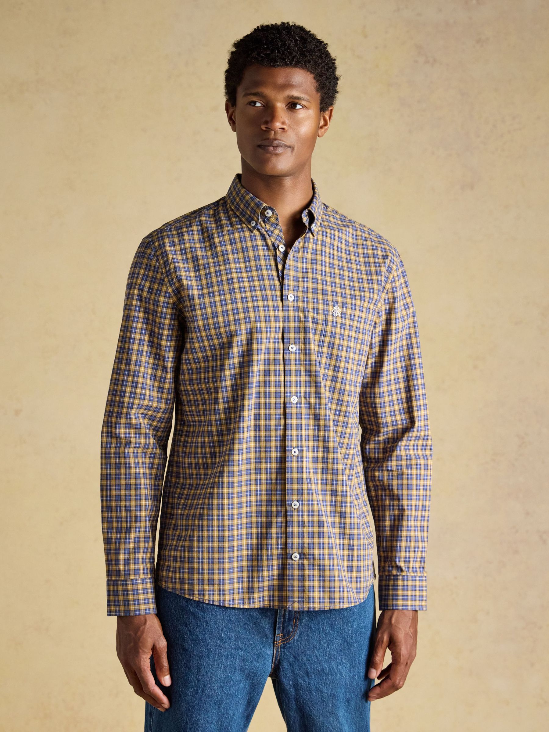 Blue & Yellow - Regular Cotton Poplin Long Sleeve Check Shirt