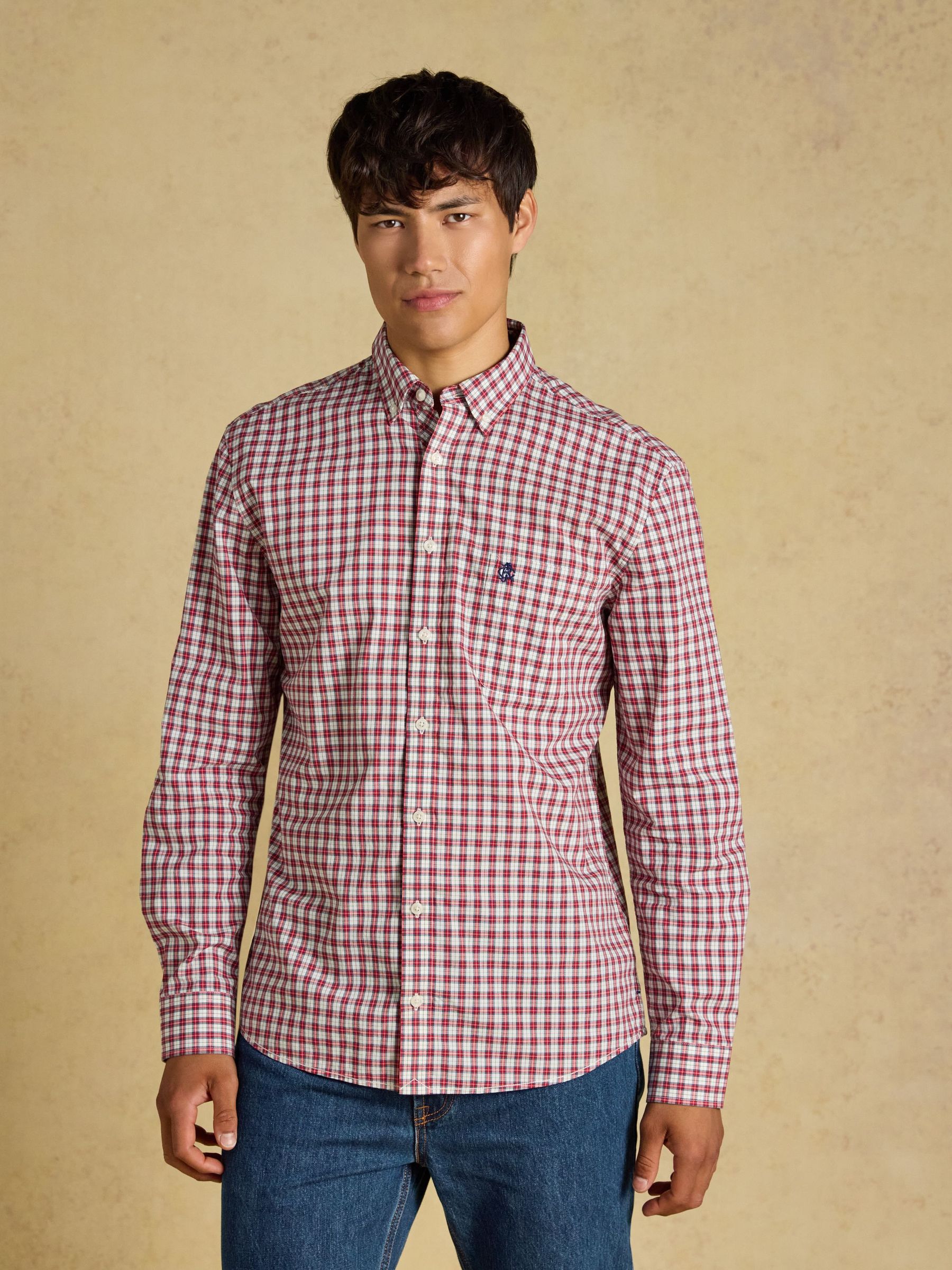 Burgundy Red - Regular Cotton Poplin Long Sleeve Check Shirt