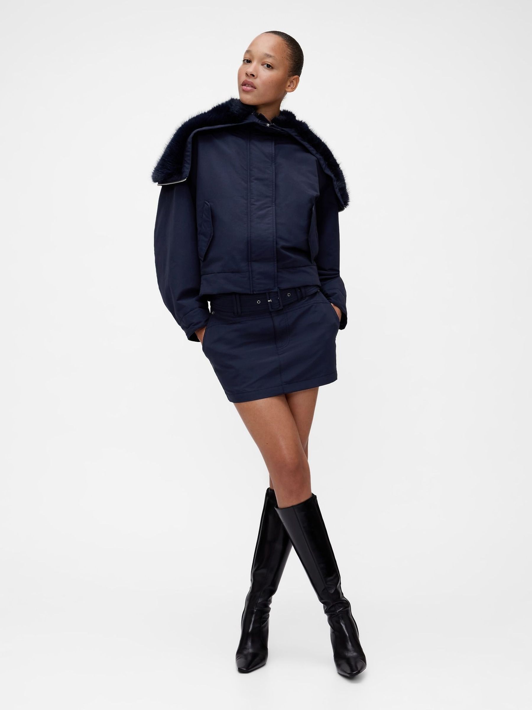 Navy Studio Belted Mini Skirt (G49218) | £75