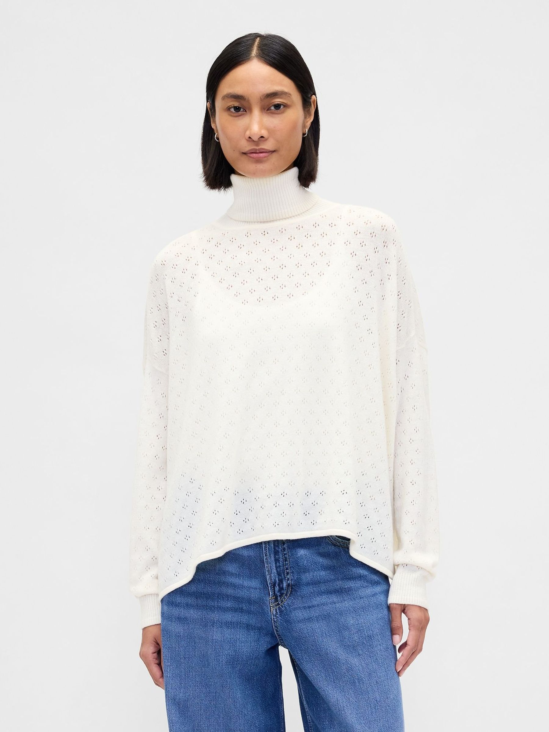 White Oversized Pointelle Turtle Neck Jumper (G49223) | £65