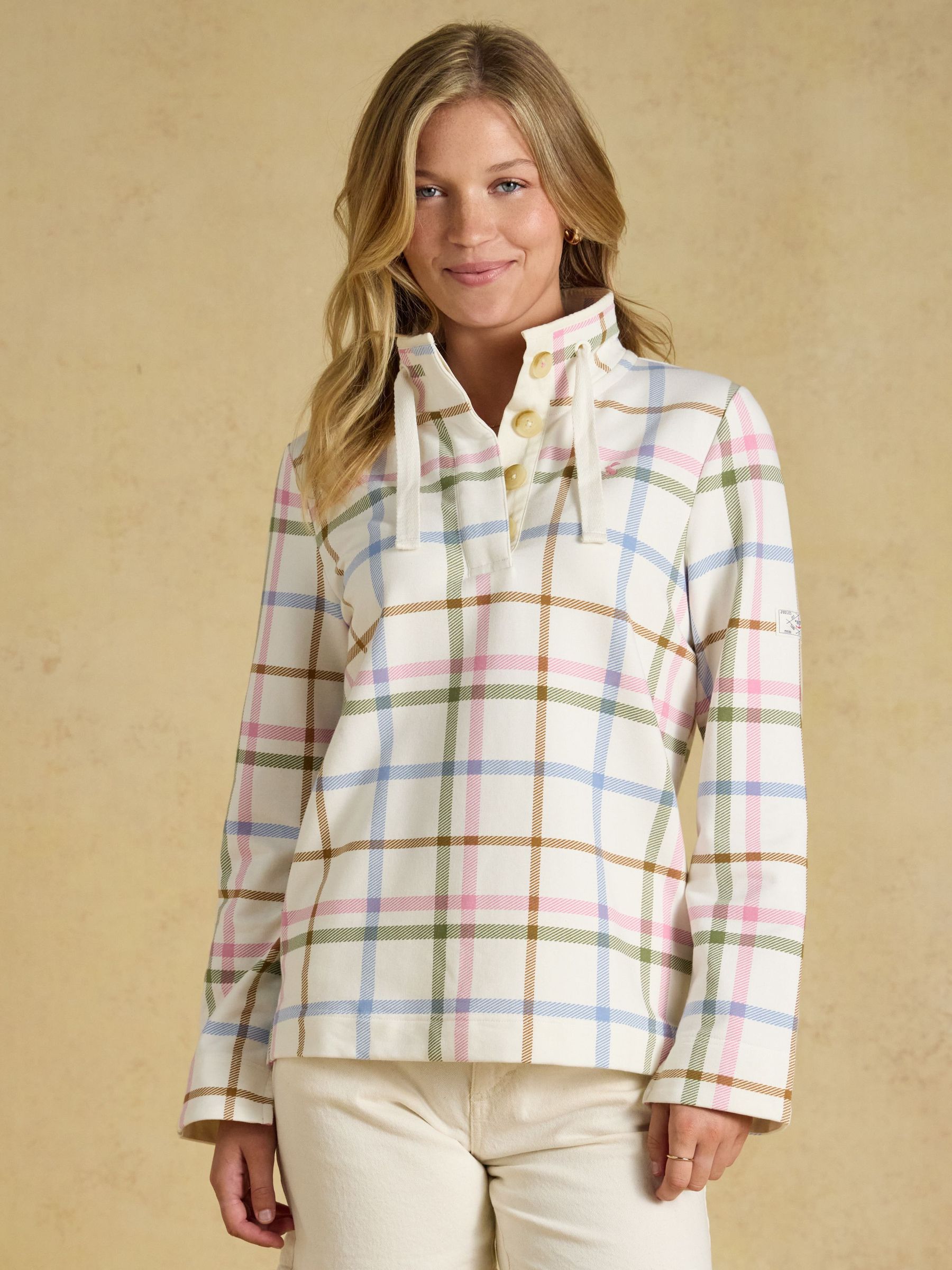 Cream Madden Check - Cotton Blend Sweatshirt With Buttoned Funnel Neck