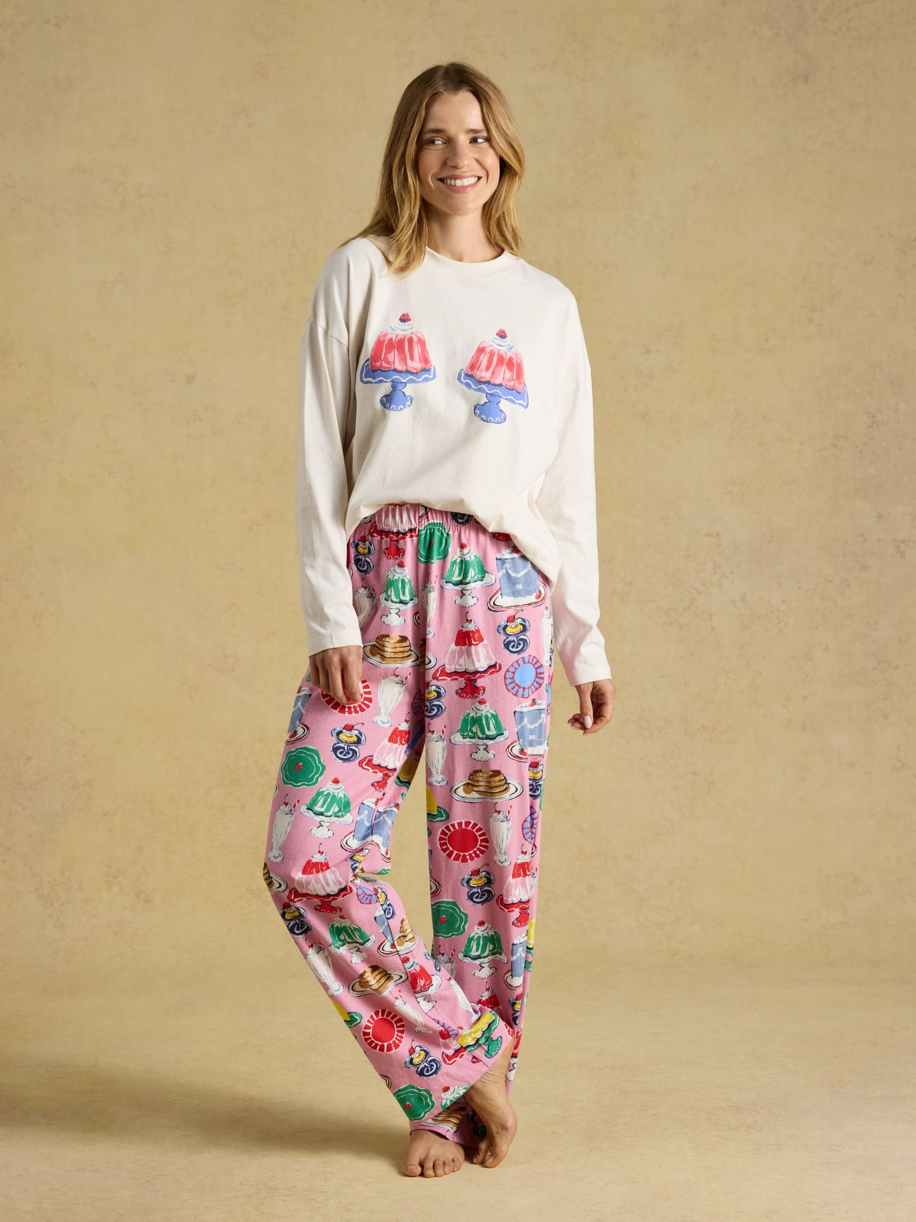 Cream and Pink Puddings Print - Long Sleeve Jersey Cotton Pyjama Set