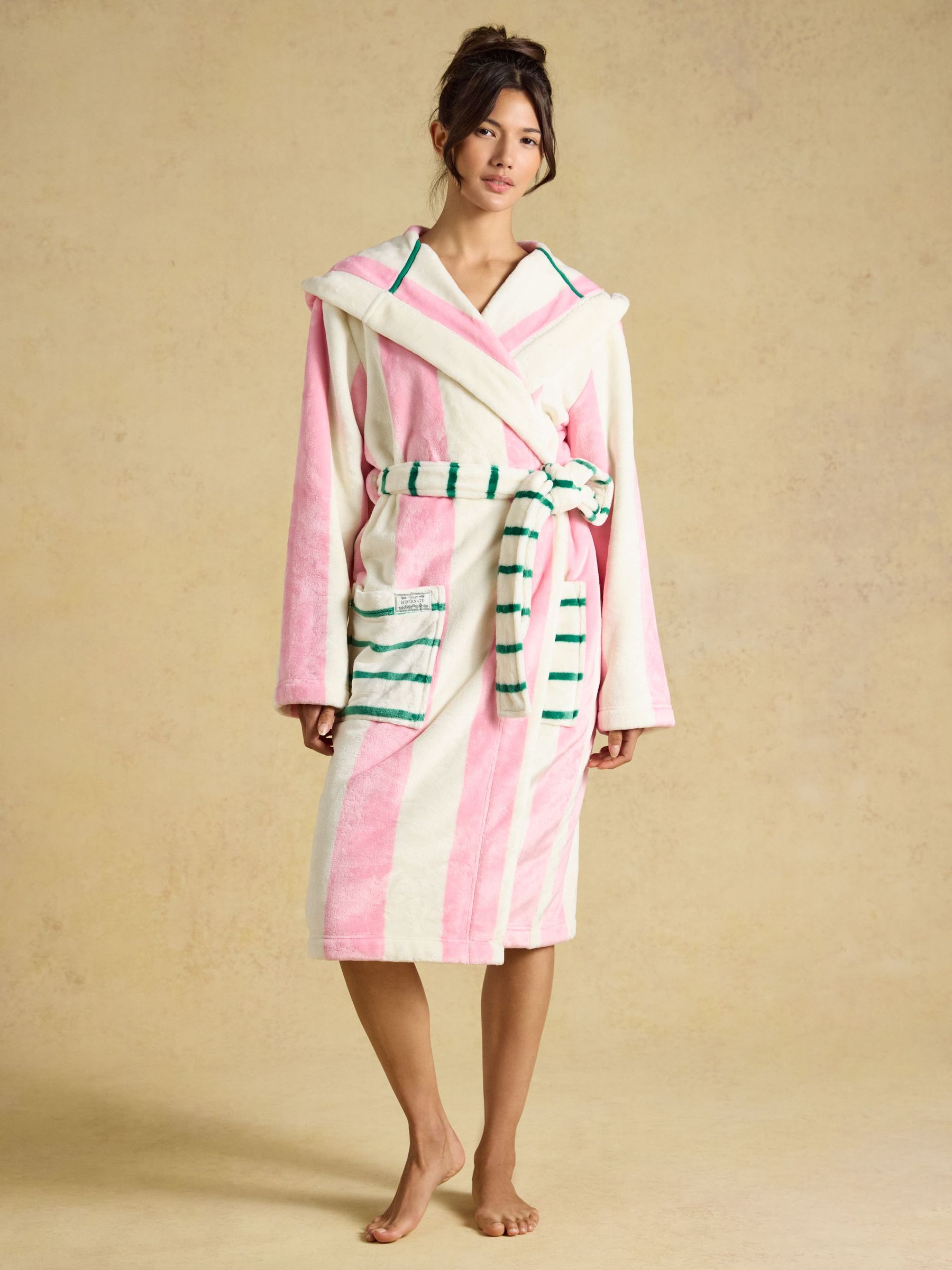 Pink & Cream Striped - Hooded Fleece Dressing Gown