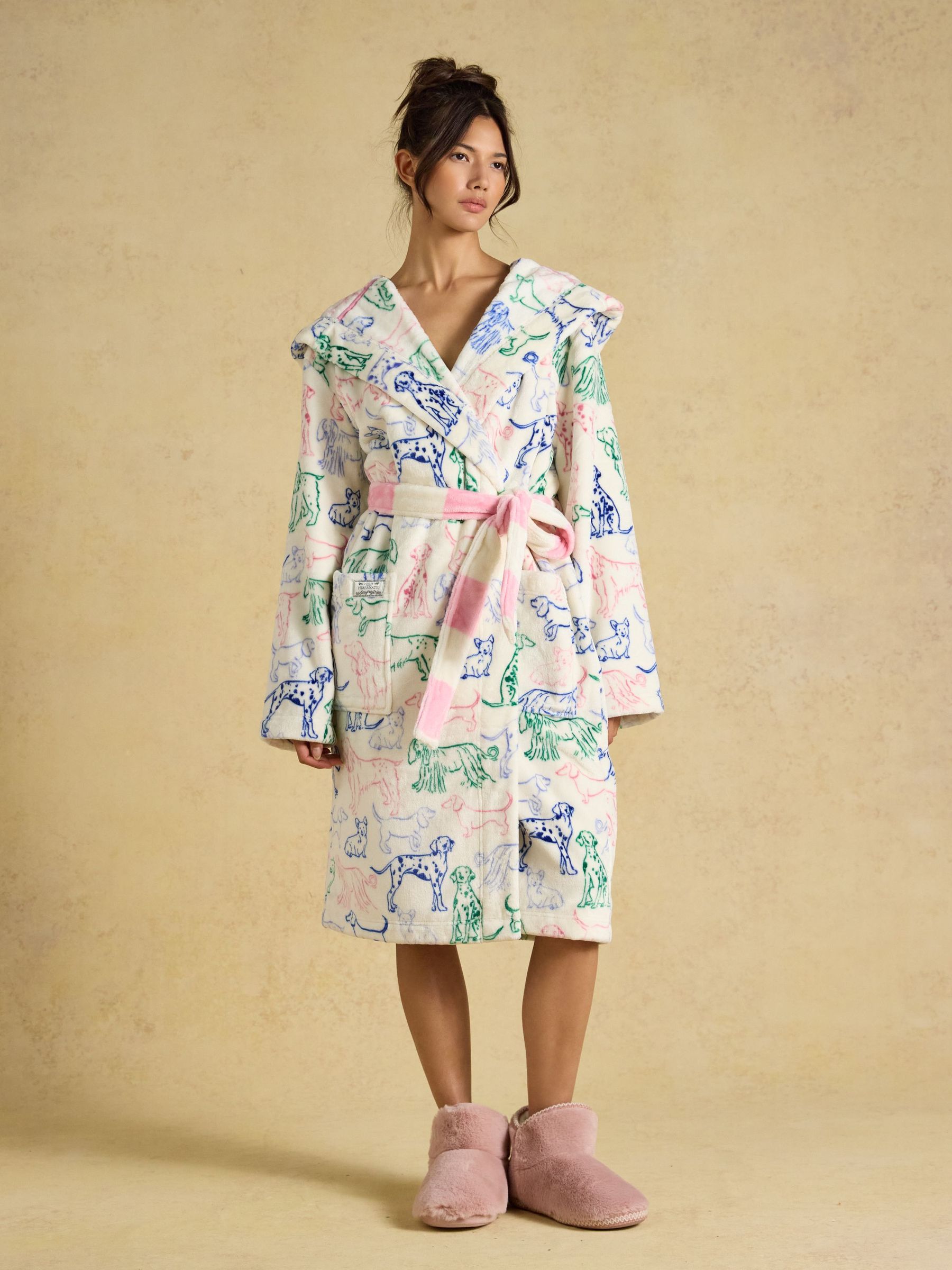 Cream Dog Print - Hooded Fleece Dressing Gown