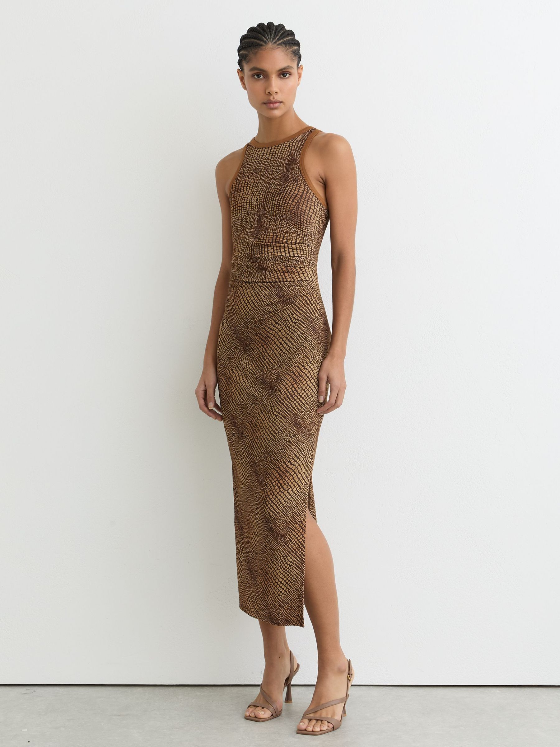 Snake-Print Jersey Racer Midi Dress in Brown (G49897) | £130