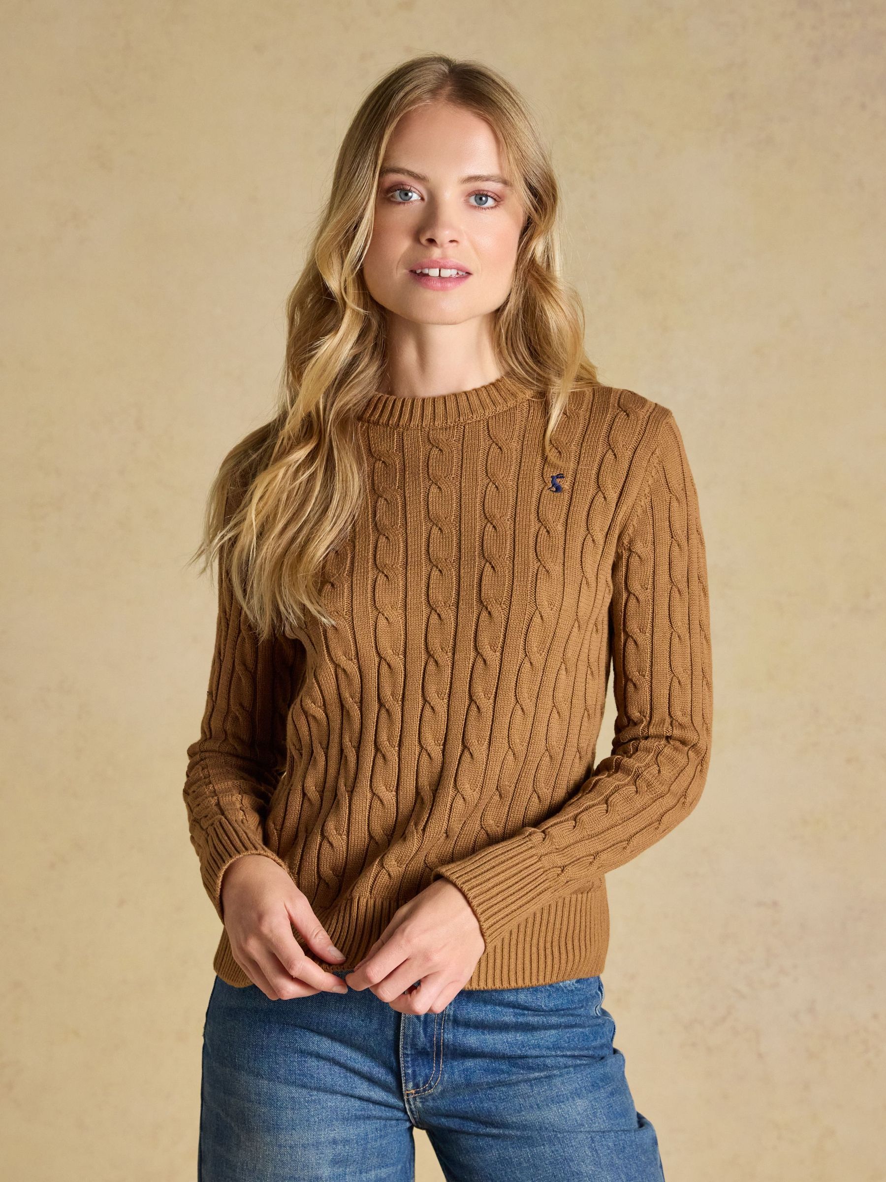 Camel - Classic Crew Neck Cotton Cable Knit Jumper