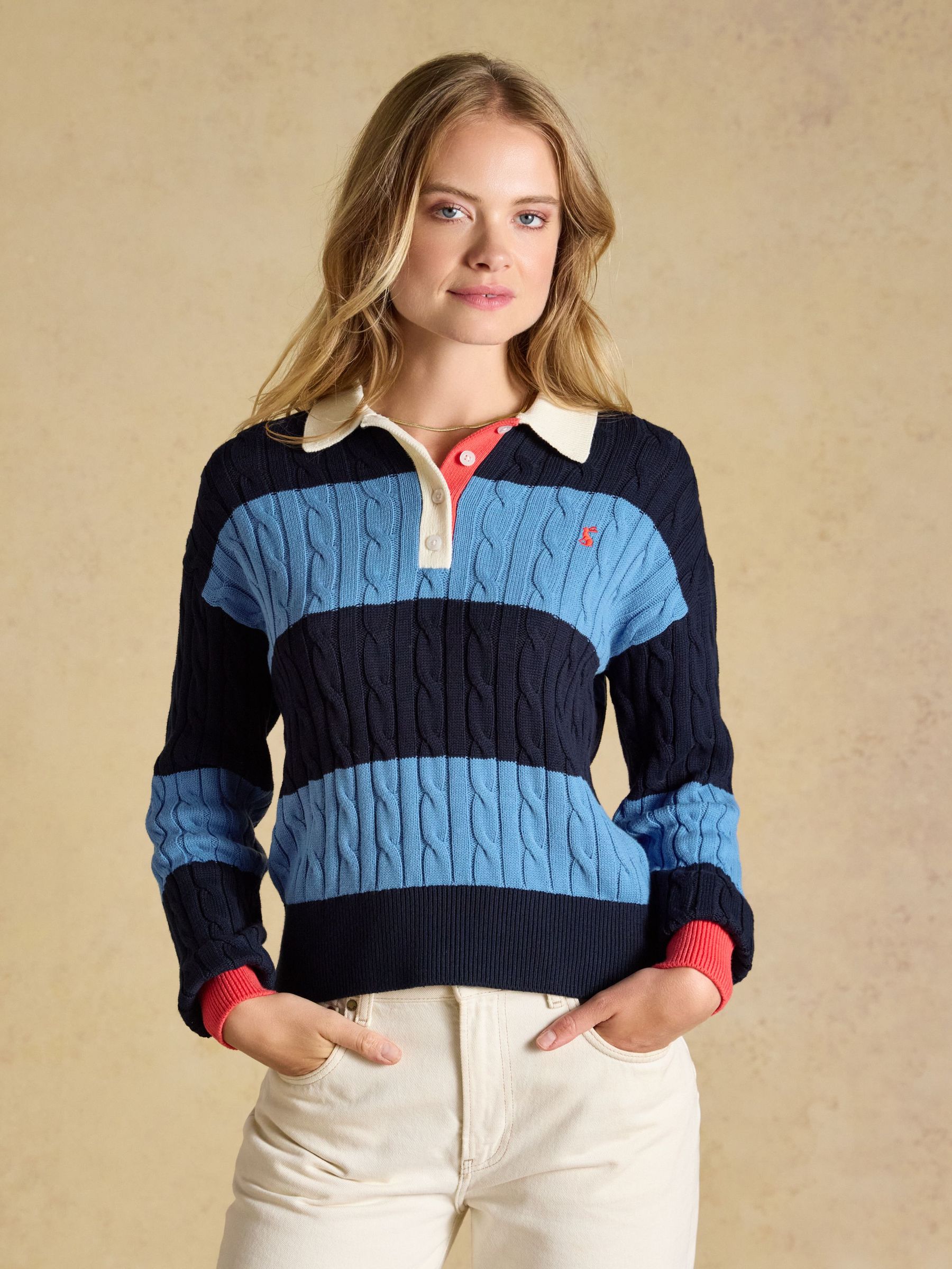 Blue & Navy Striped - Cotton Cable Knit Rugby Jumper