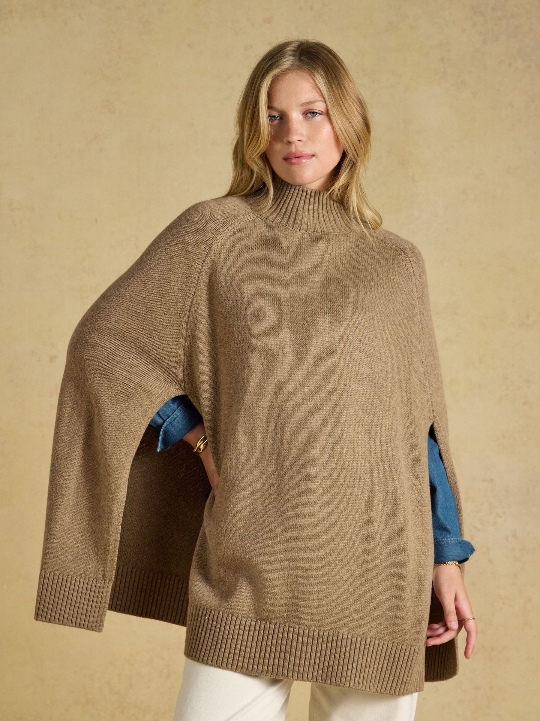 Tan Brown Horse - Wool Blend High Neck Knitted Cape