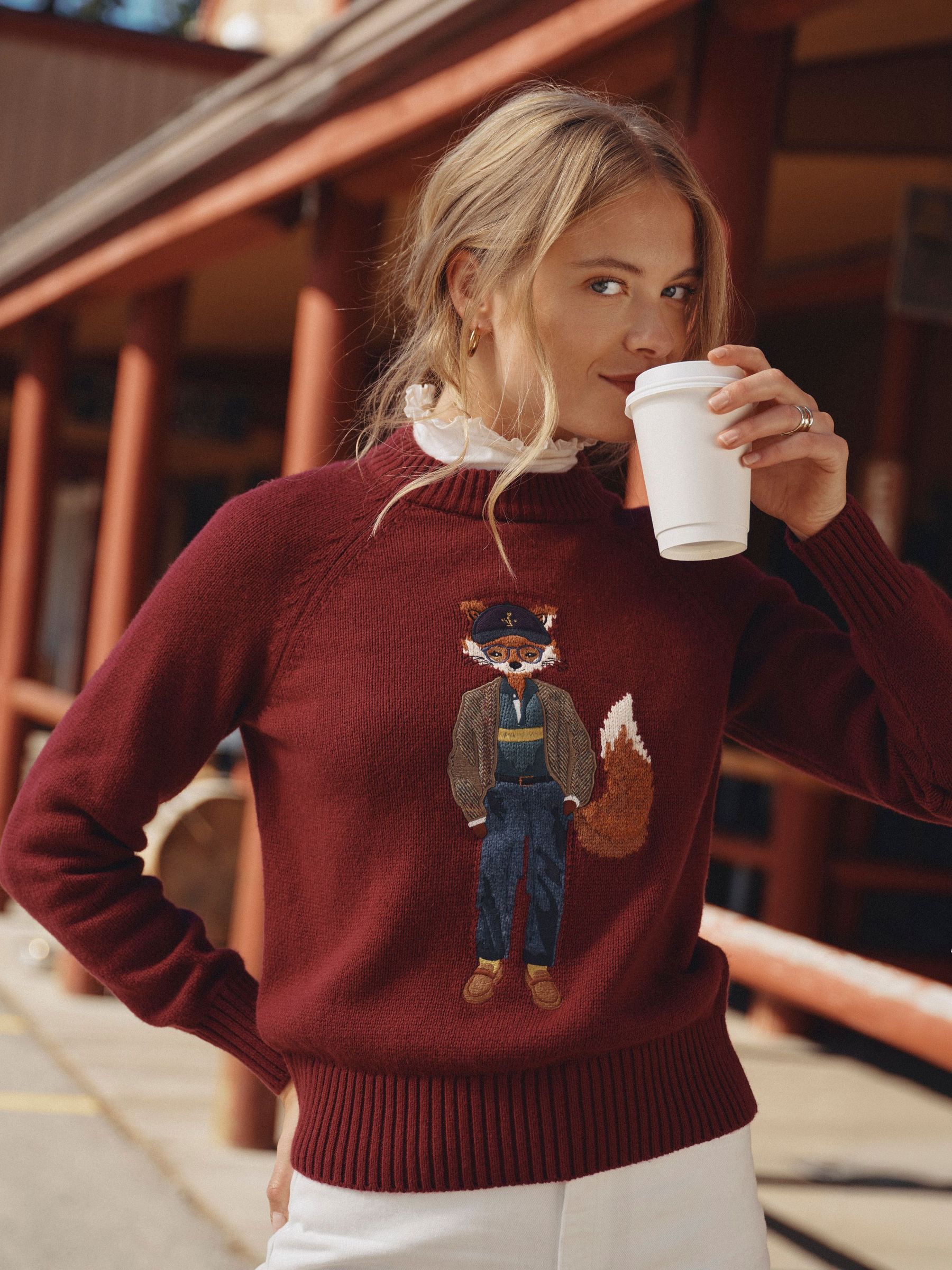 Burgundy Red - Cotton Blend Crew Neck Knitted Jumper