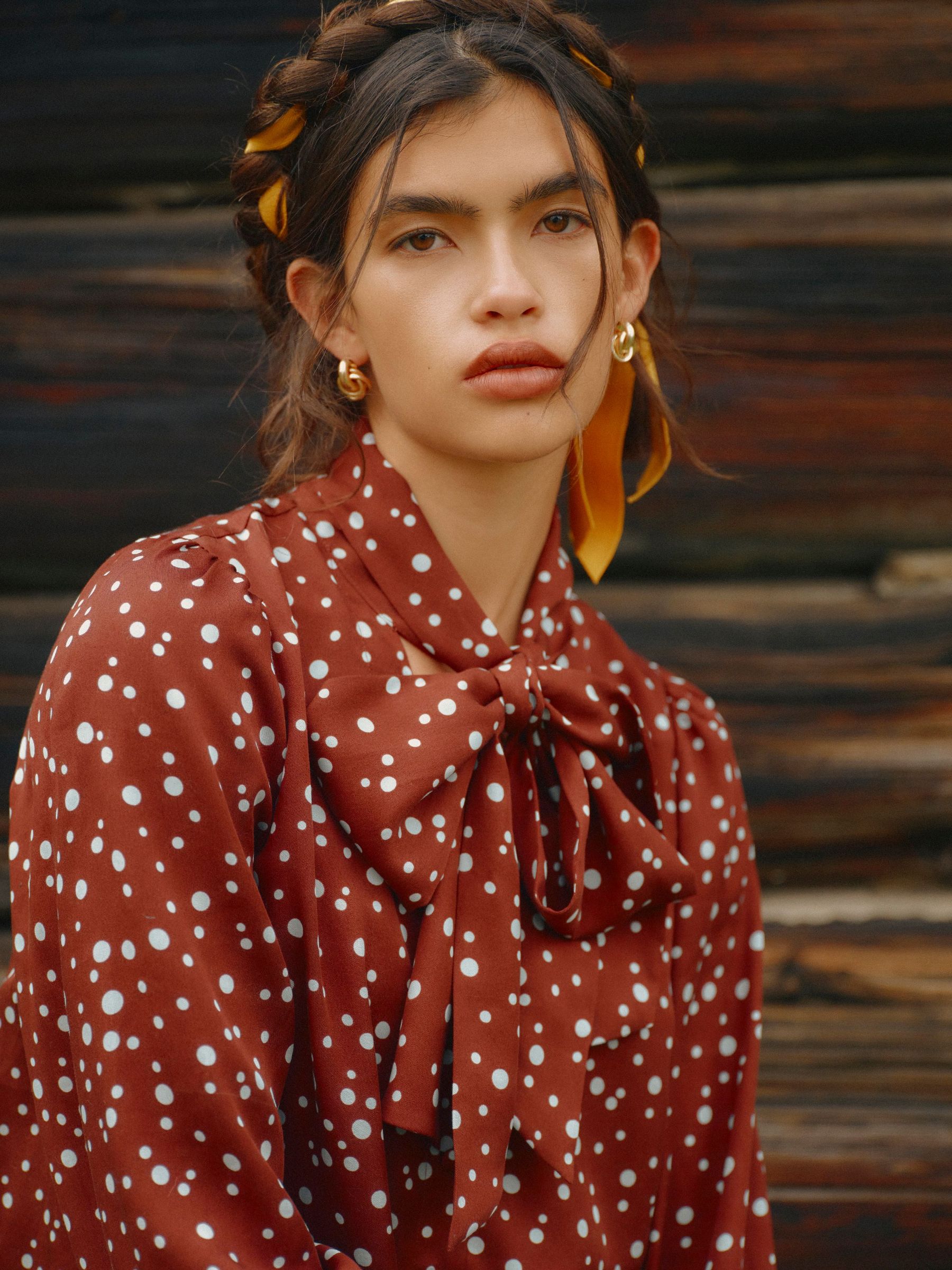 Blue/Brown Spot - Tie Neck Blouse