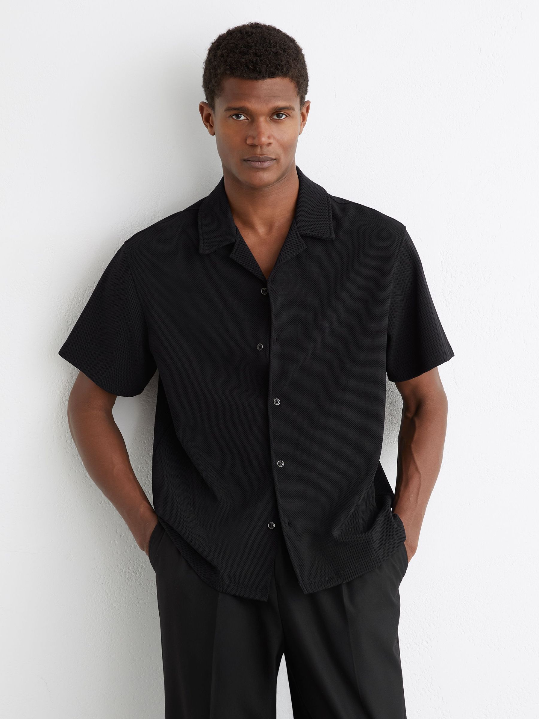 Textured Cuban-Collar Shirt in Black (G53602) | £68