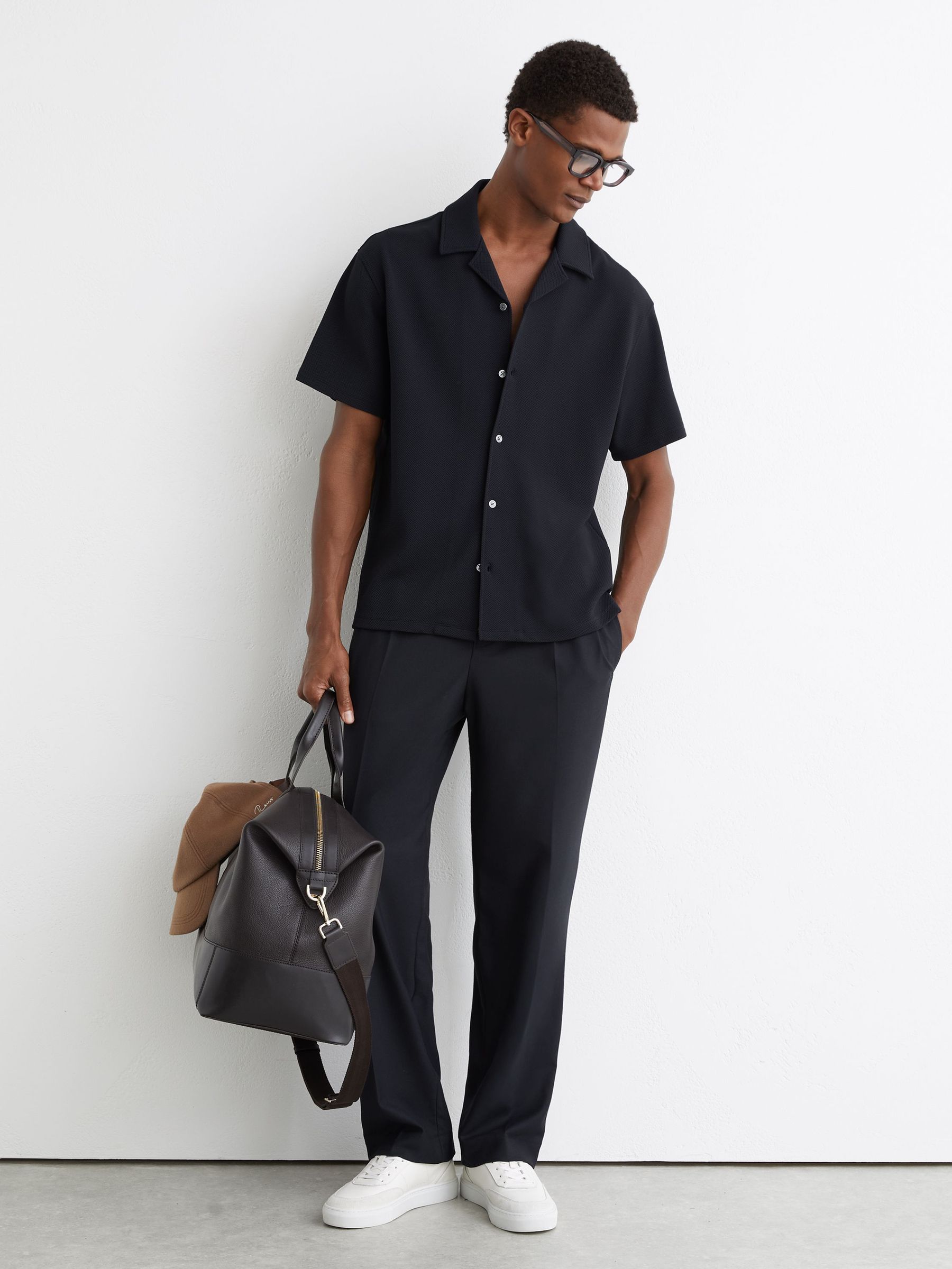 Textured Cuban-Collar Shirt in Navy (G53609) | £68