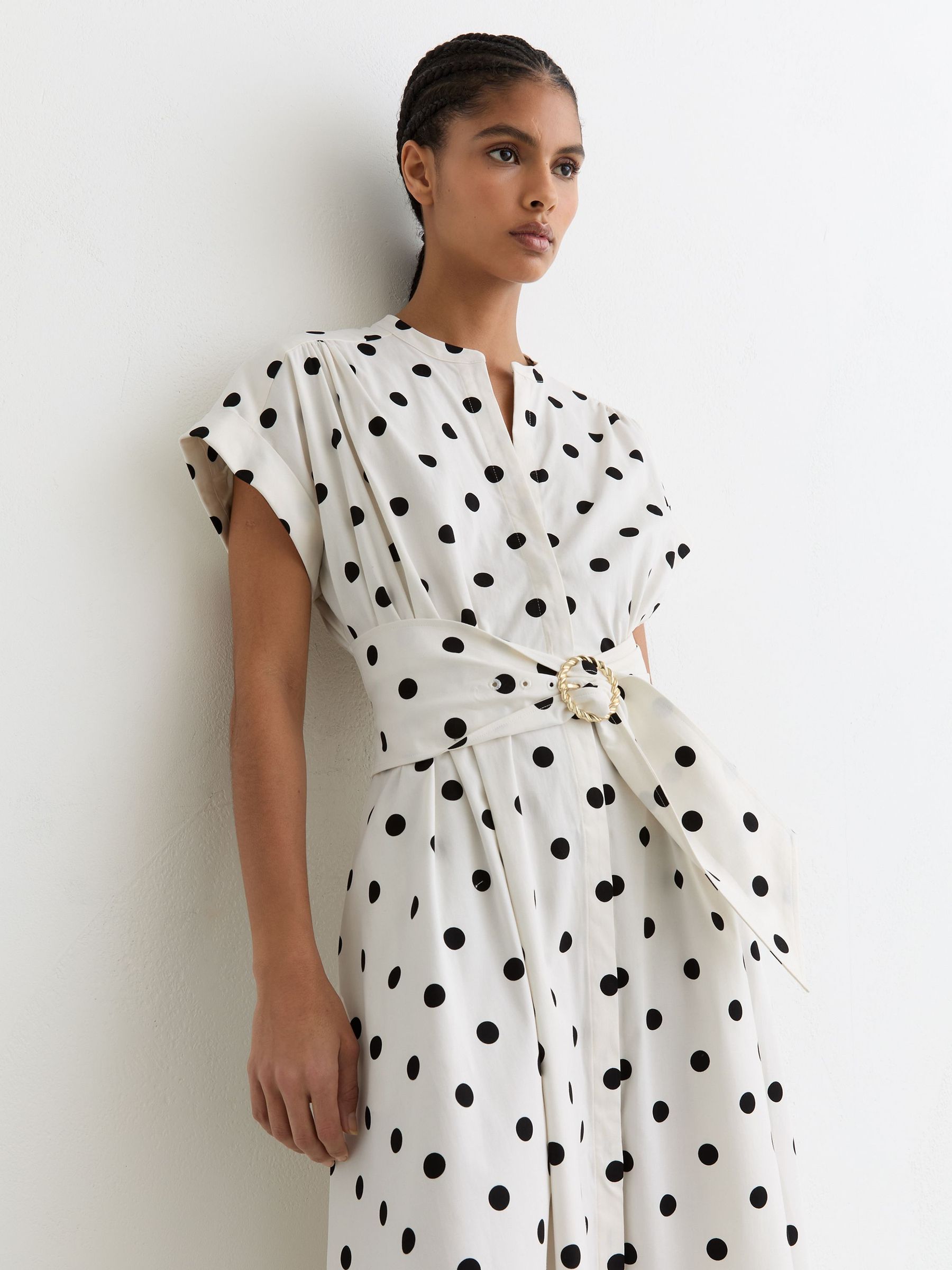 Cotton Polka-Dot Belted Midi Dress with Stretch in Black/Ivory (G54892) | £218