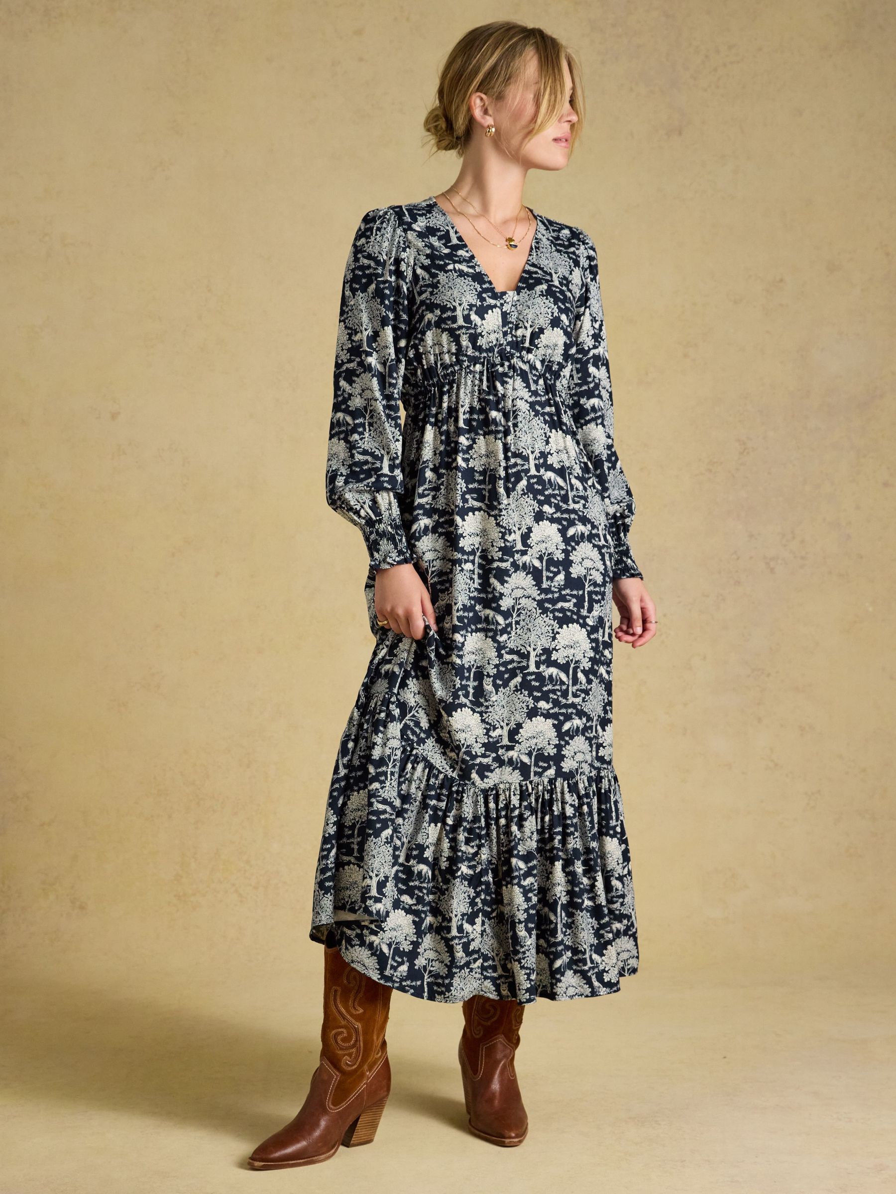 Navy Woodland Print - V Neck Dress