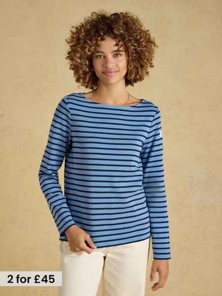 Blue Marl - Striped Boat Neck Breton Top