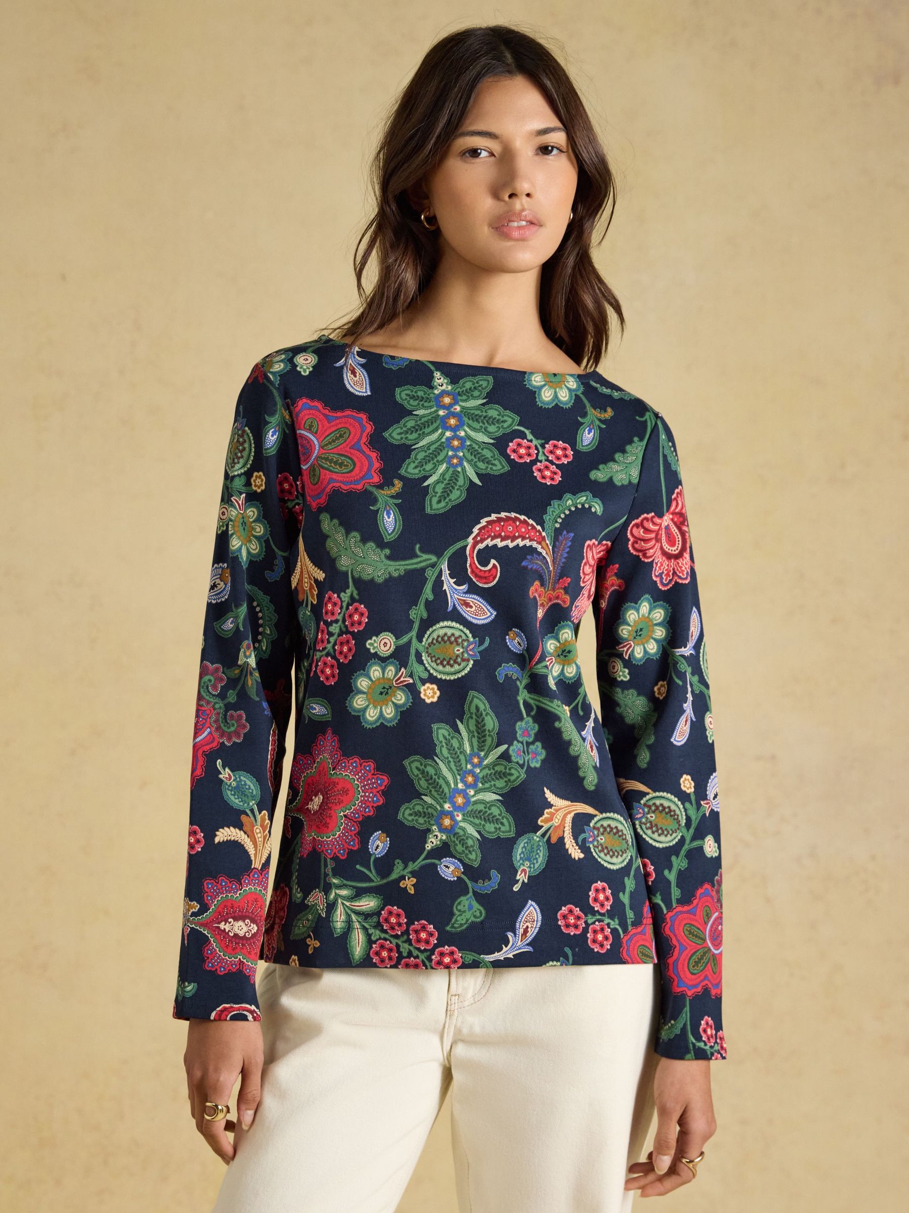Navy Floral - Printed Boat Neck 100% Cotton Jersey Top