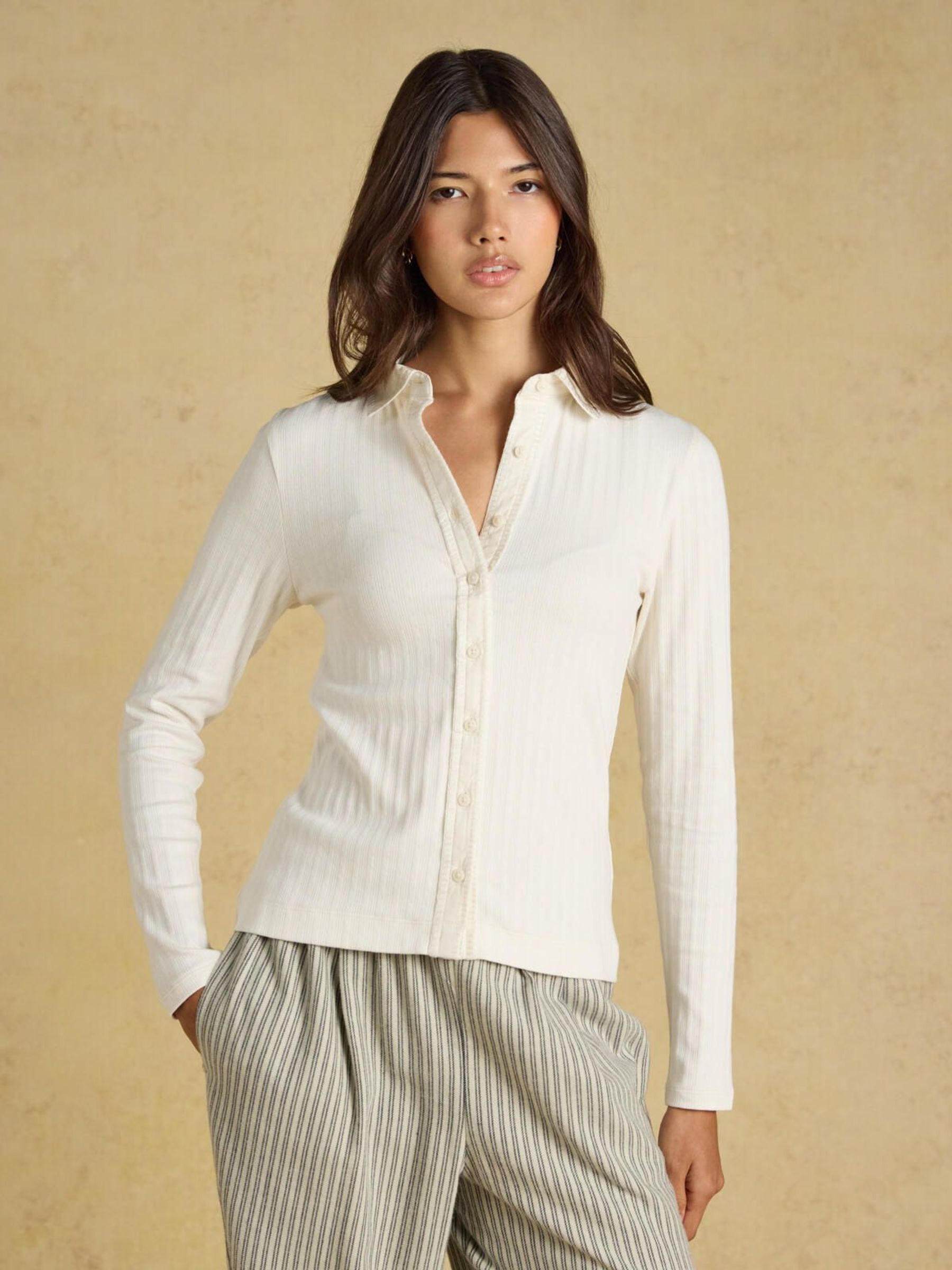 Cream - Cotton Rich Pointelle Jersey Shirt