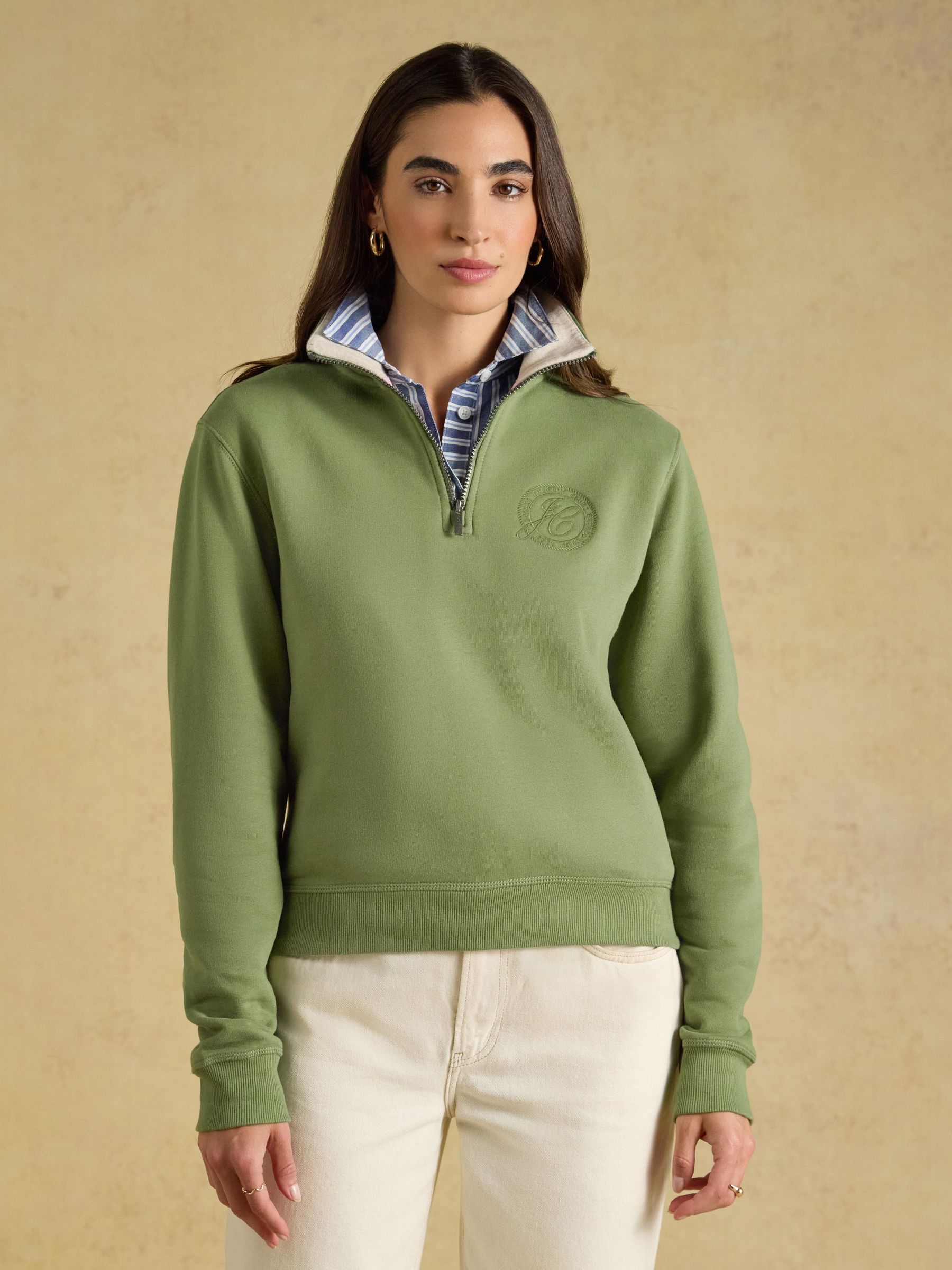Olive Green - Brushed Cotton Blend Embroidered Quarter Zip Sweatshirt