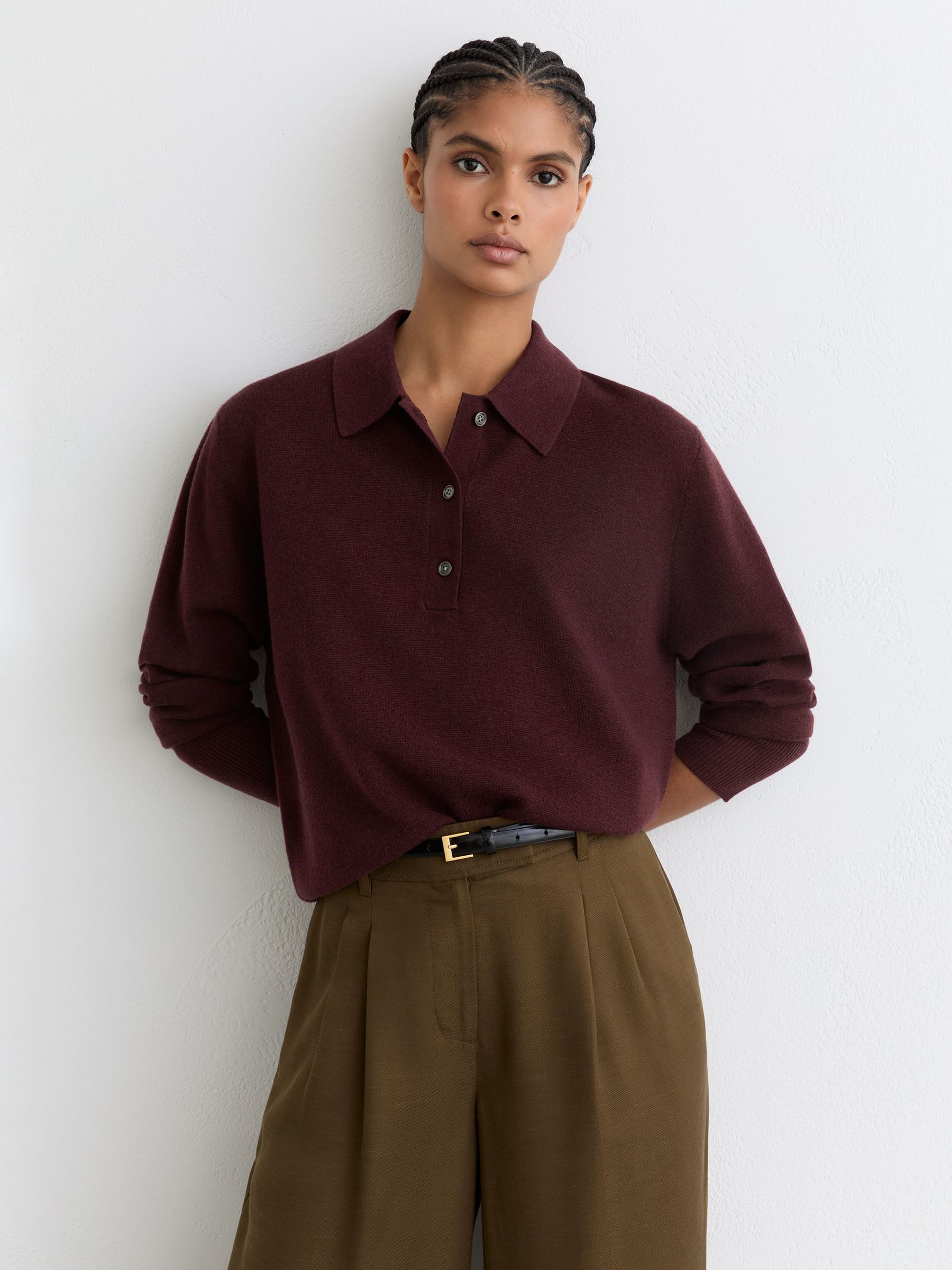 Merino Wool Knitted Polo Jumper in Plum Purple (G61864) | £120