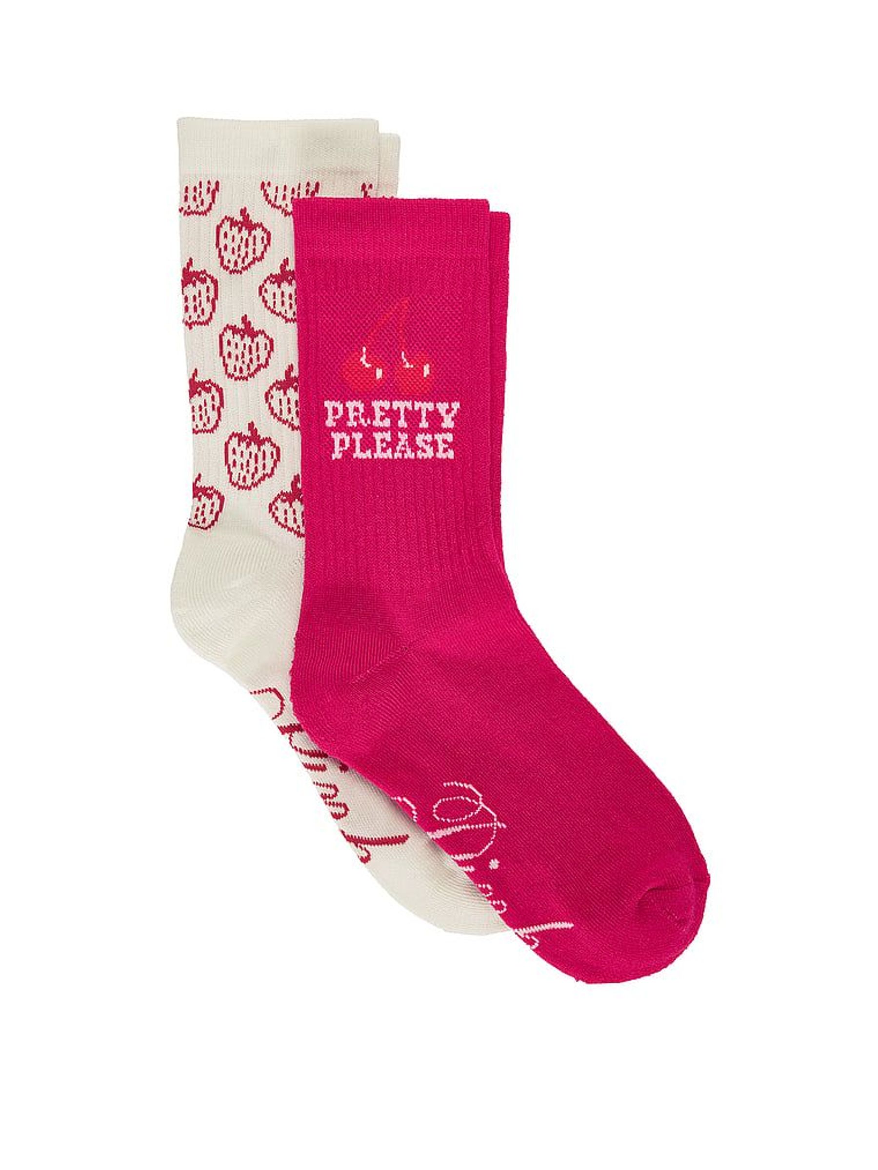 Pink Strawberry Print - 2 Pack Crew Socks