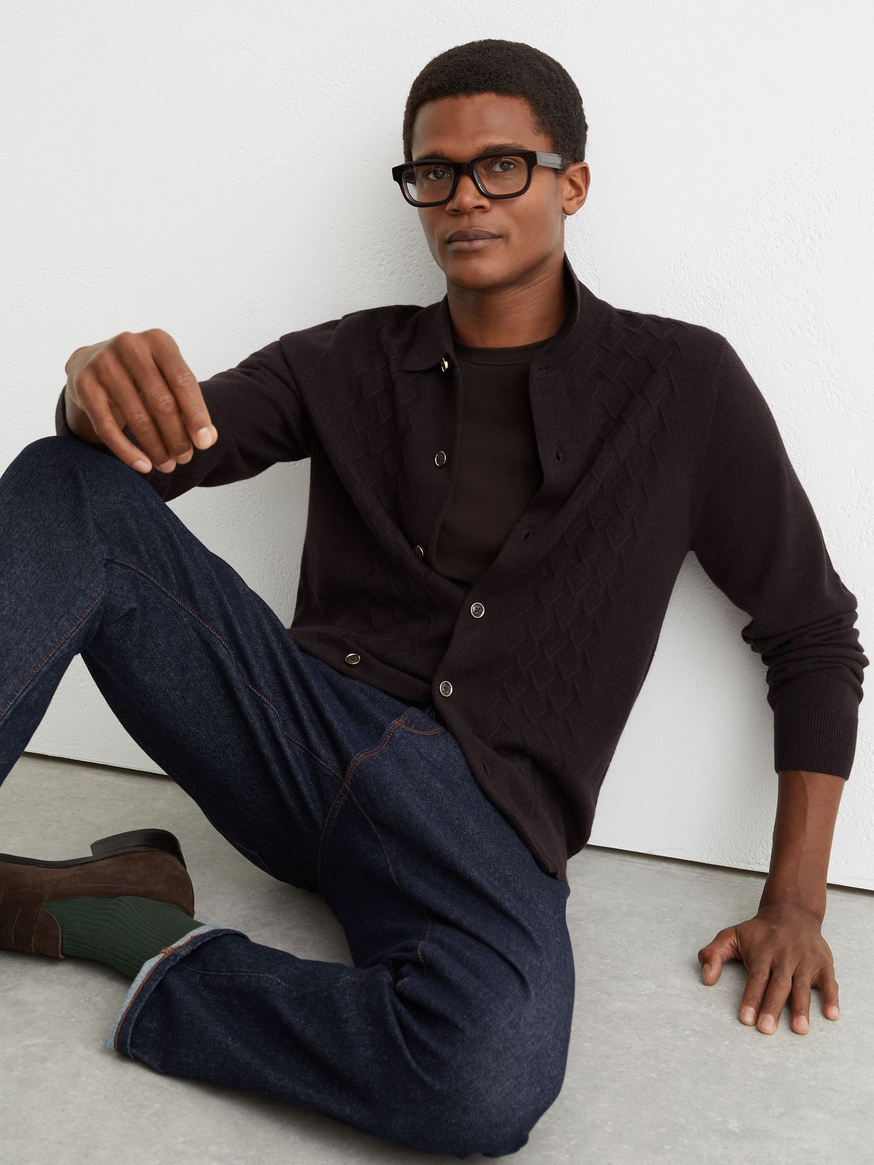 Wool V-Stitch Button-Through Cardigan in Chocolate Brown (G63458) | £130