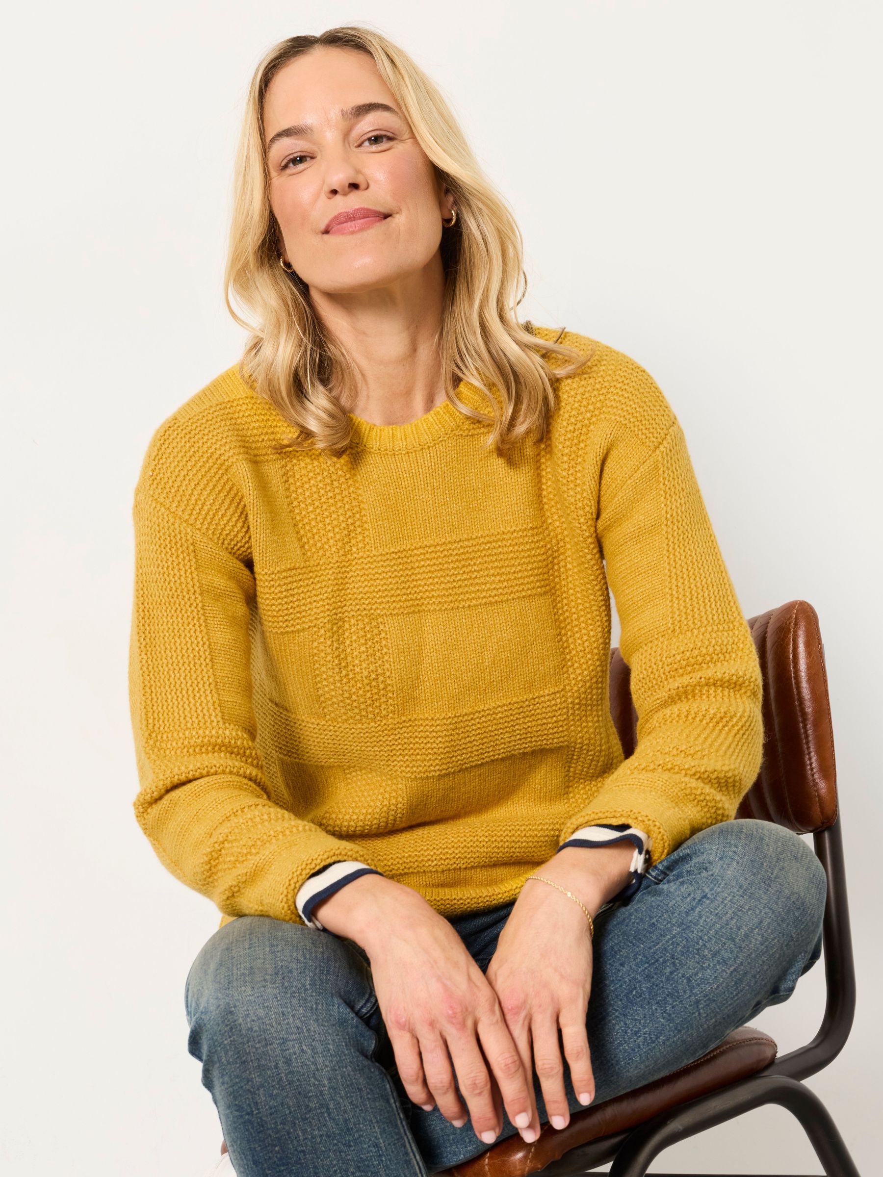 Yellow - Knitted Check Crew Neck Jumper