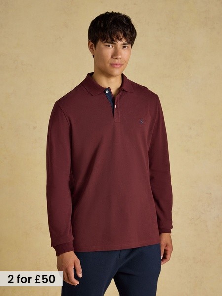 Burgundy - Long Sleeve Cotton Pique Polo Shirt