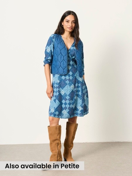 Blue Patchwork - Mini Dress With Quilted Waistcoat
