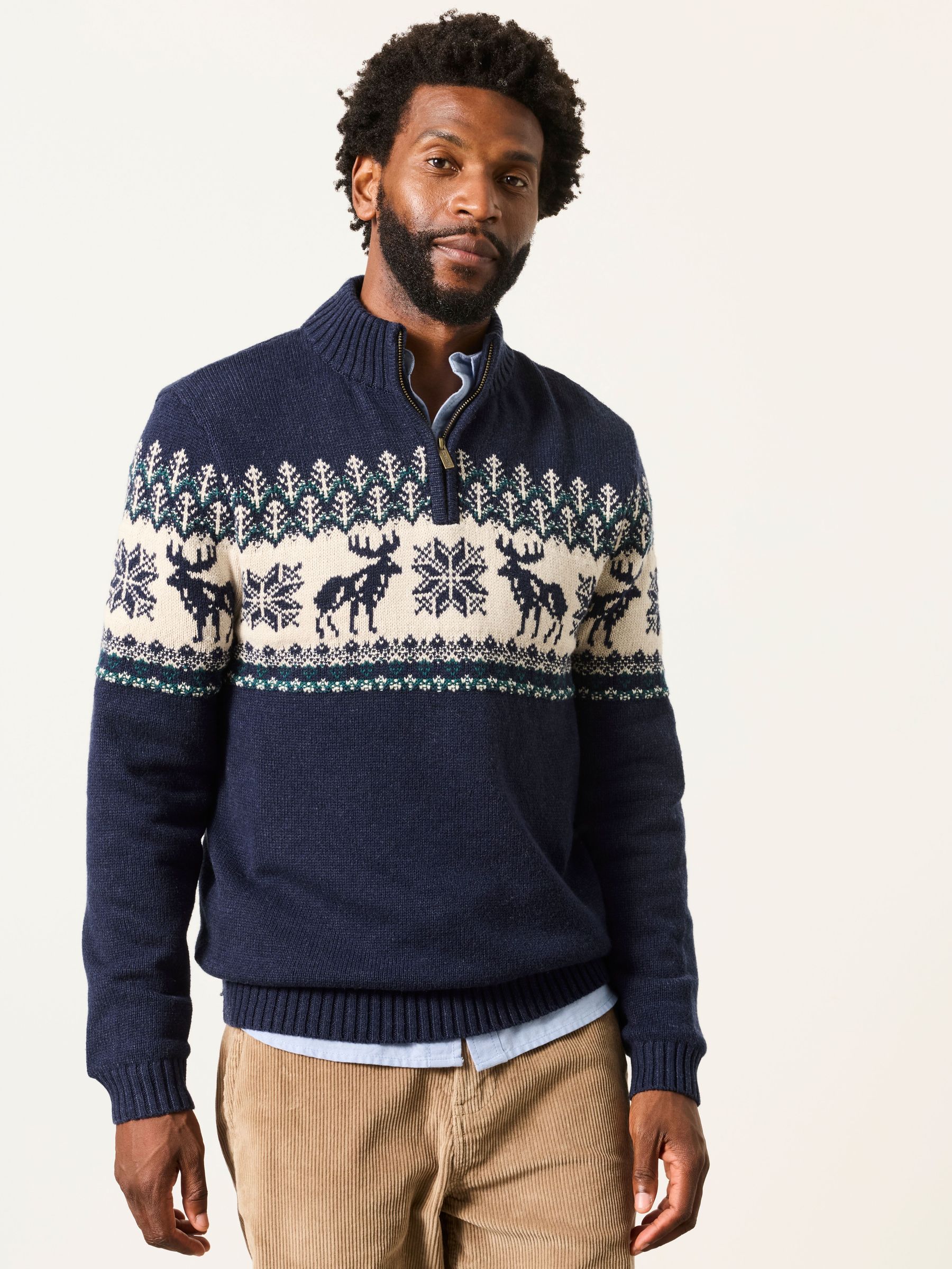 Navy - Regular Moose Quarter Zip Christmas Jumper