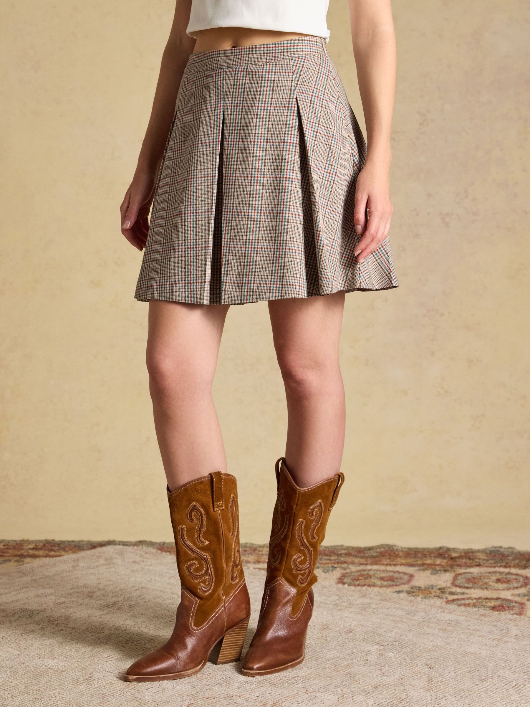 Brown Check - Ada Pleated Mini Skirt