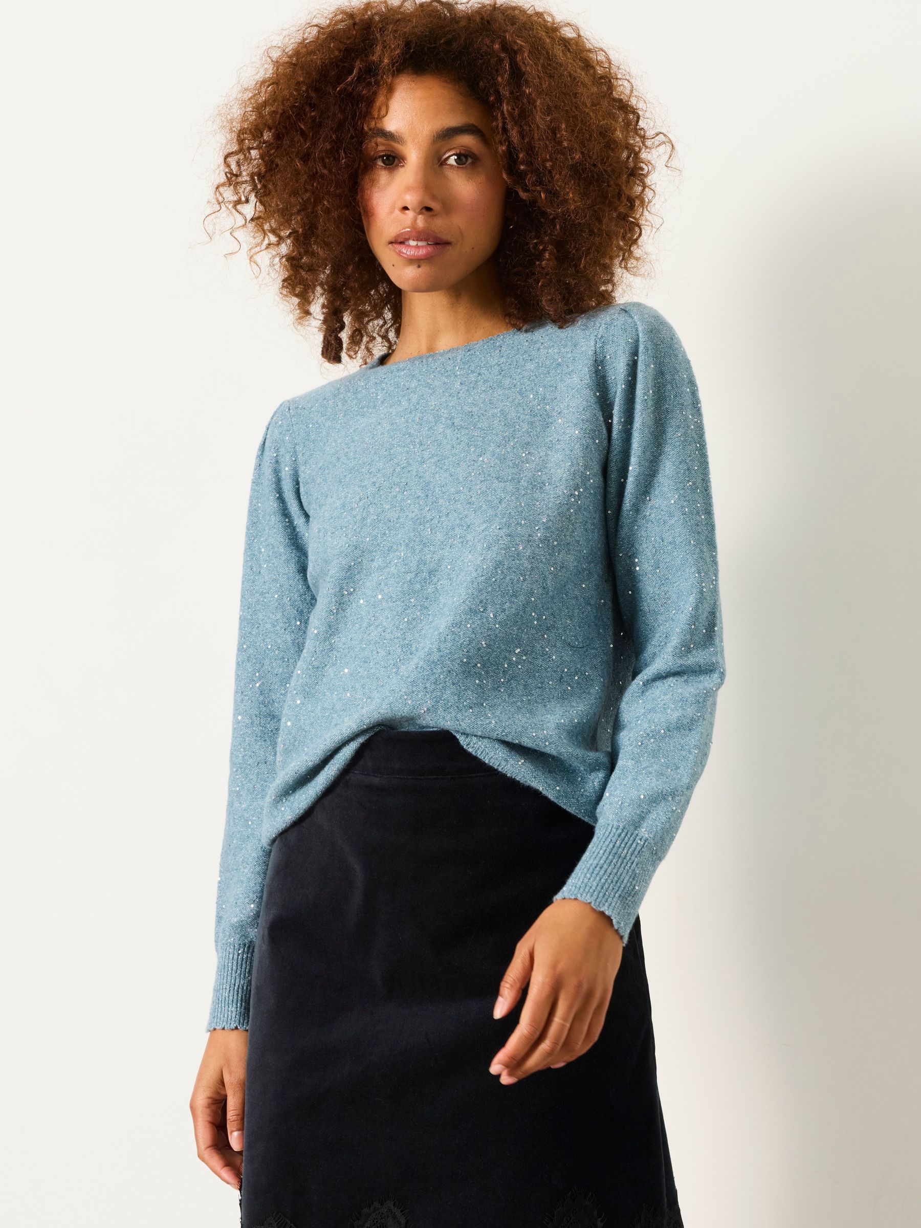 Light Blue - Knitted Sequin Sparkle Frill Cuff Jumper