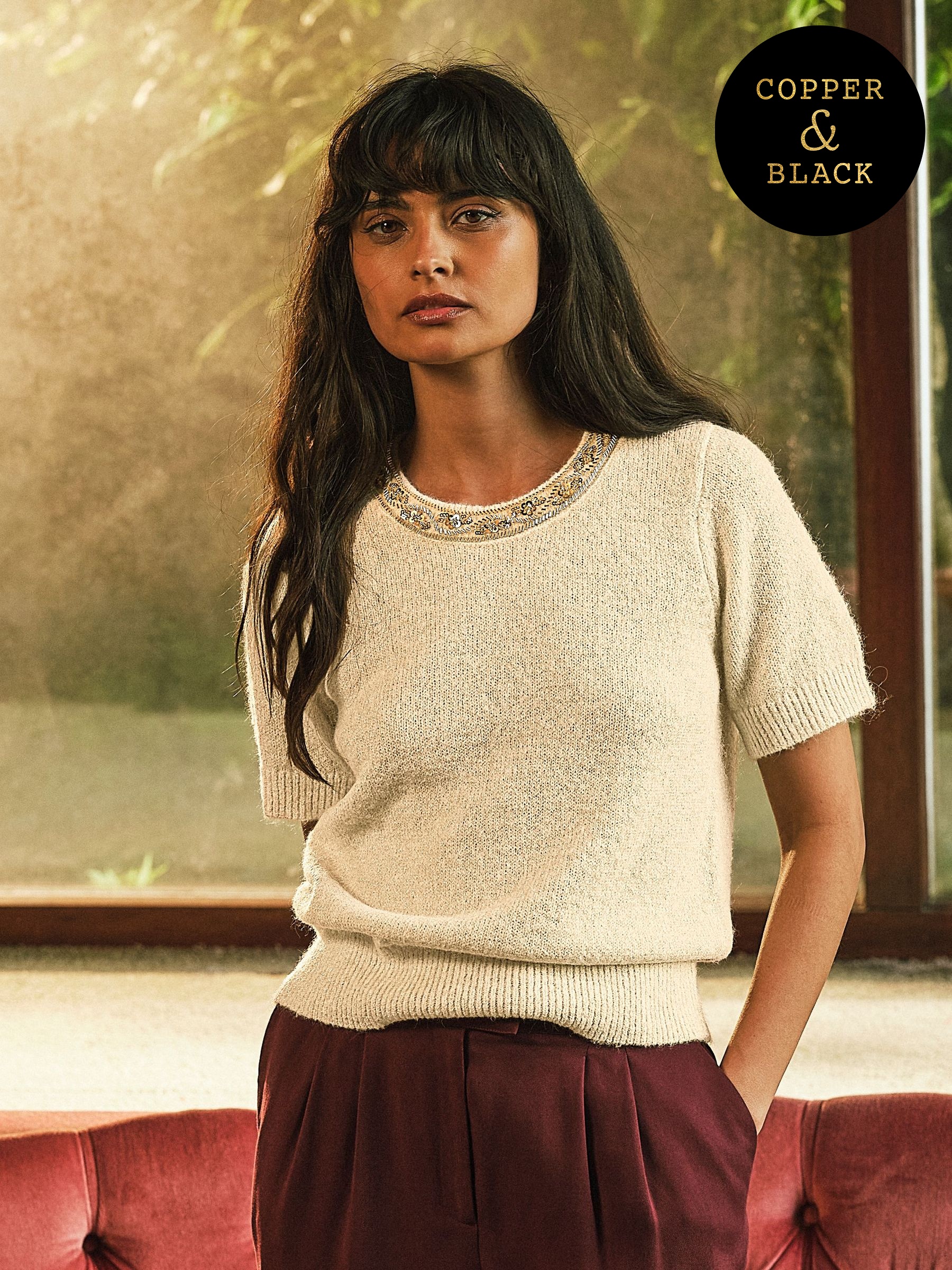 Ivory - Embellished Collar Knit Top