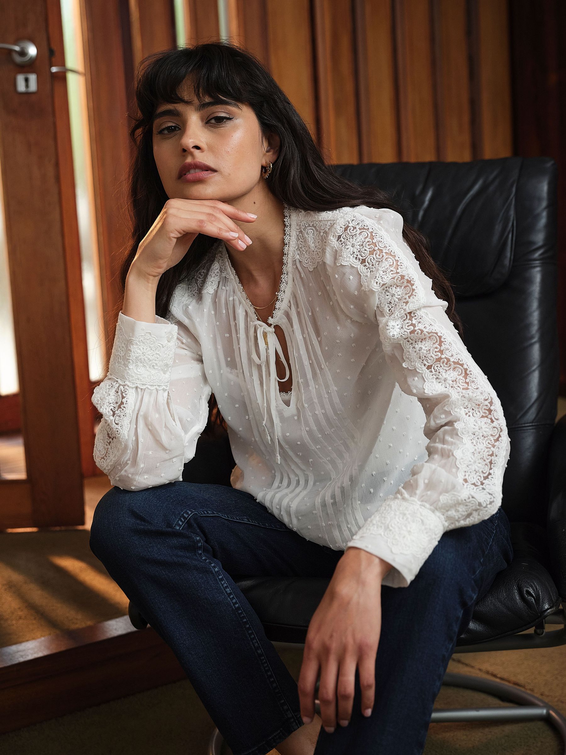 Ivory - Sheer Dobby Lace Trim Blouse