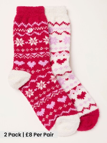 Red/White - Fairisle Fluffy Socks