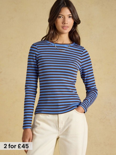 Blue & Brown Striped - Ribbed Fitted T-shirt