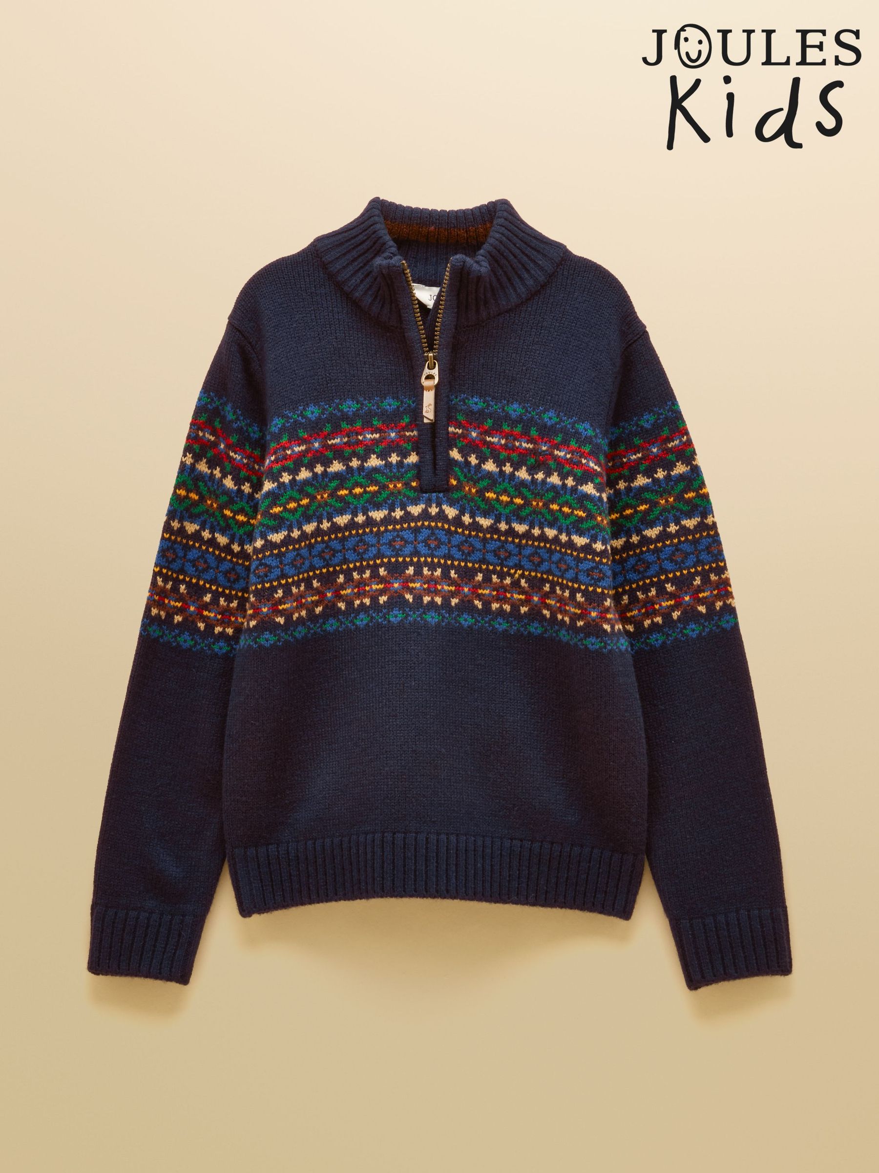 Navy - Fair Isle Knit Quarter Zip Jumper