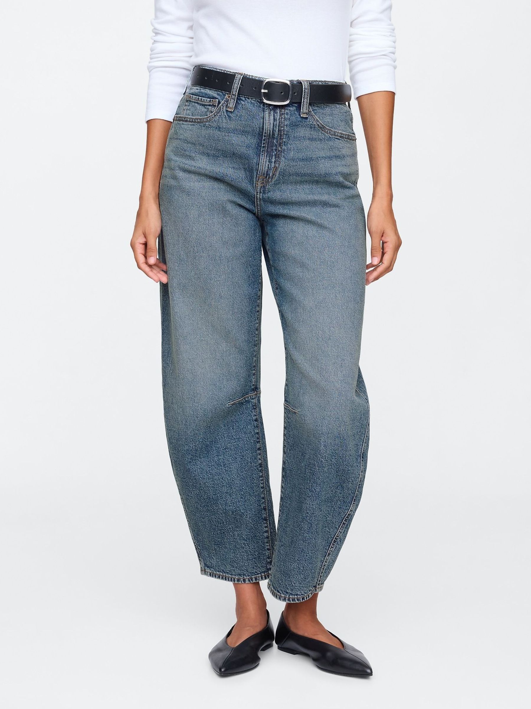 Medium Wash - High Waisted Barrel Jeans