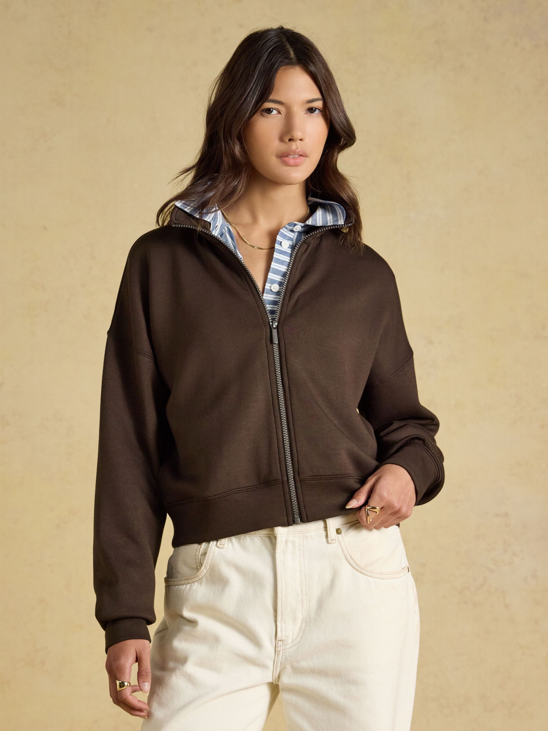 Chocolate Brown - Soft Full Zip Funnel Neck Sweatshirt
