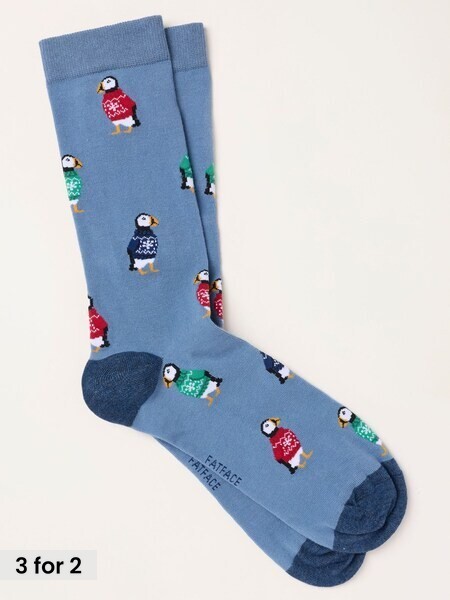 Blue - Regular Christmas Puffins Socks