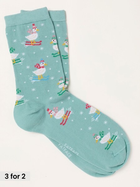 Green - Christmas Skiing Geese Socks