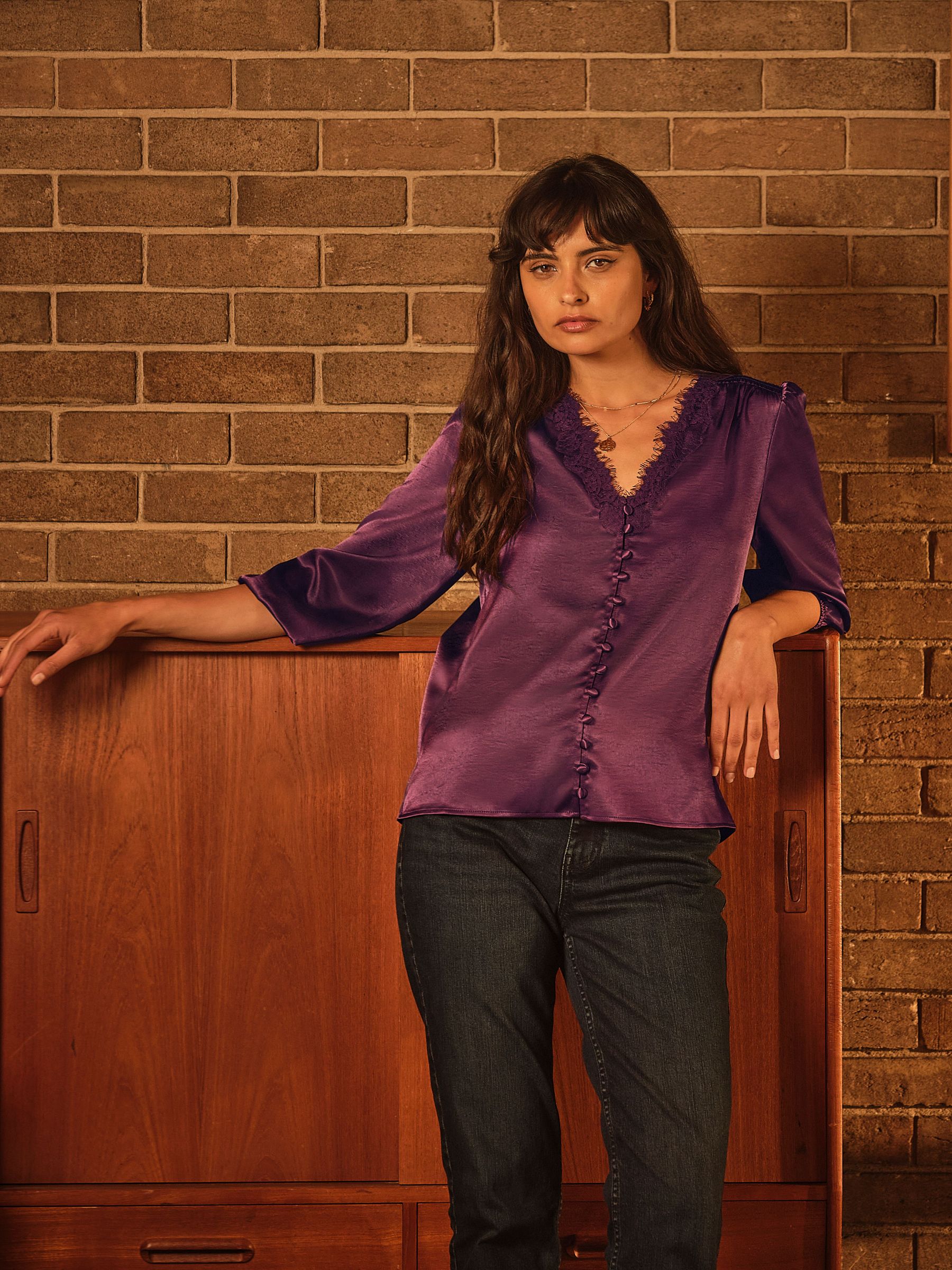 Wine - Lace Trim Blouse