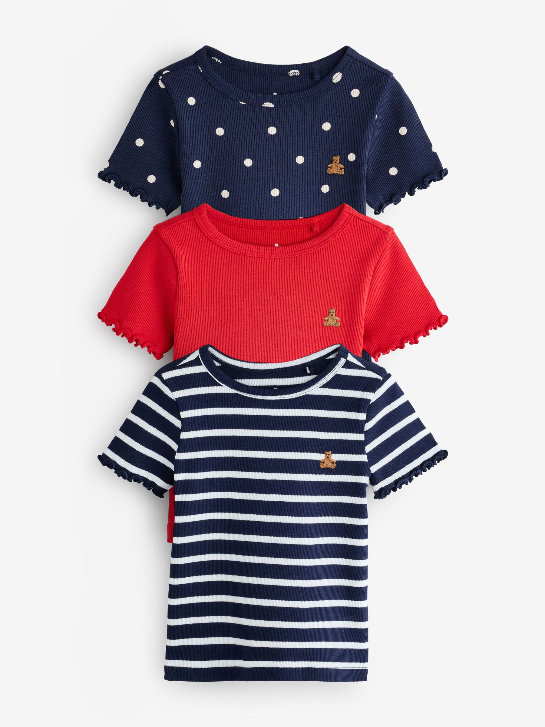 Blue Stripe/Dot Rib - 3 Pack Short Sleeve Crew Neck T-shirt (6mths-5yrs)