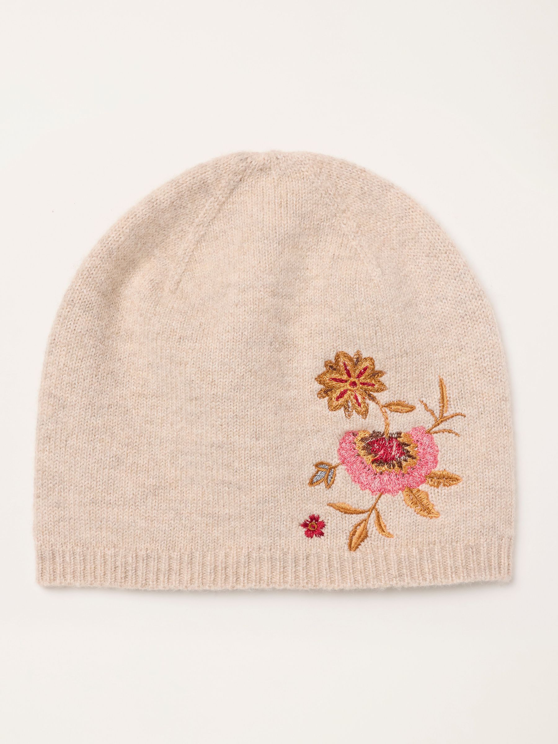 Oatmeal - Floral Embroidered Beanie